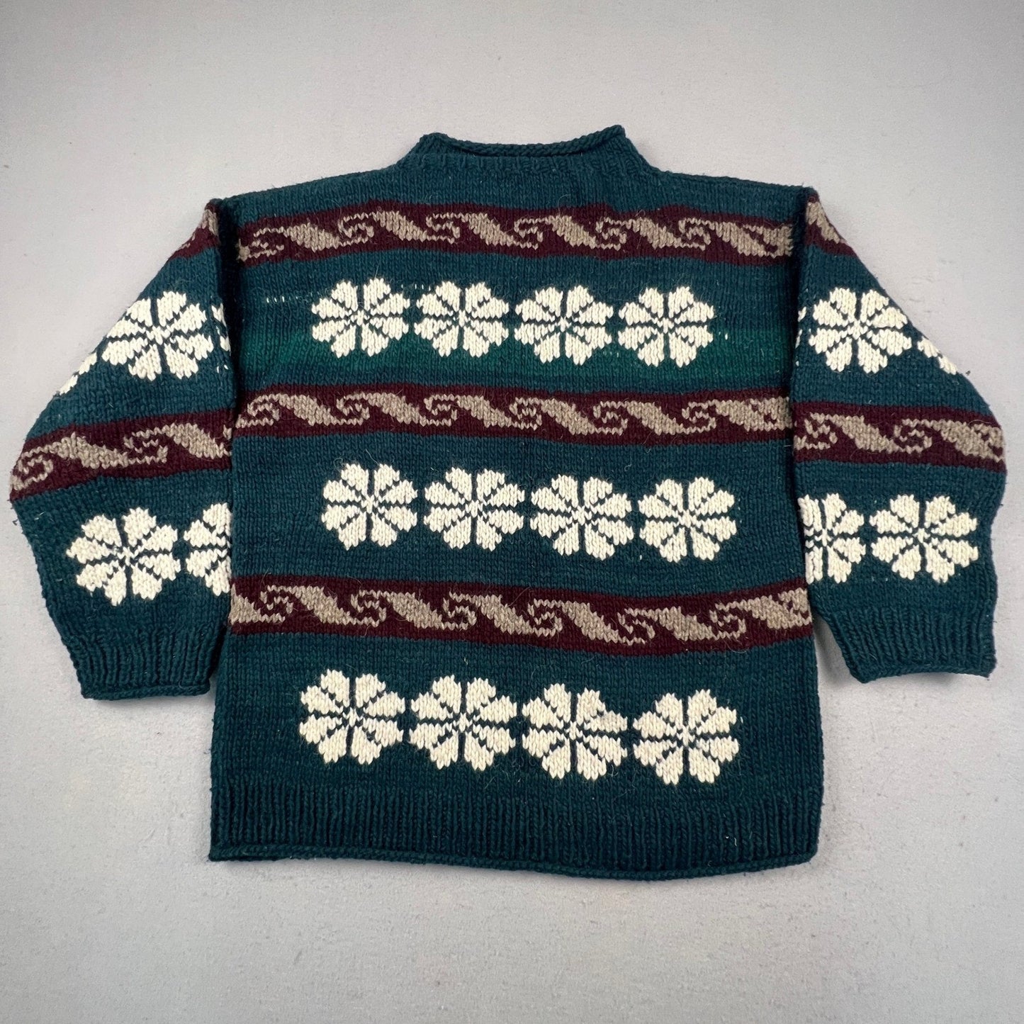 Hand Knit Nordic Snowflake Sweater Mens XL Teal Wool Blend Fair Isle Cabin Core