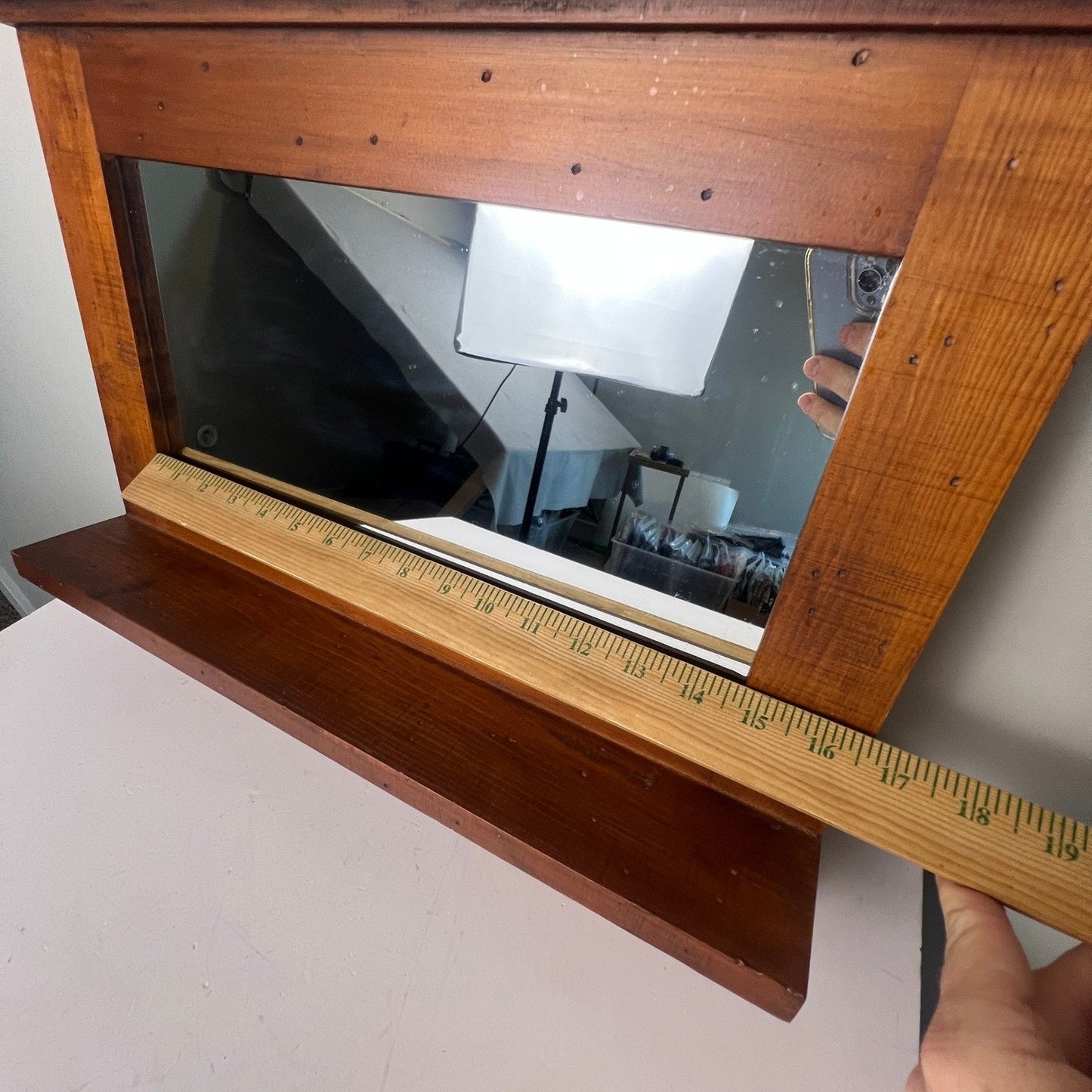 Wood Wall Mirror Entryway Shelf 20x14 Brown Rustic Farmhouse Decor Grandmacore