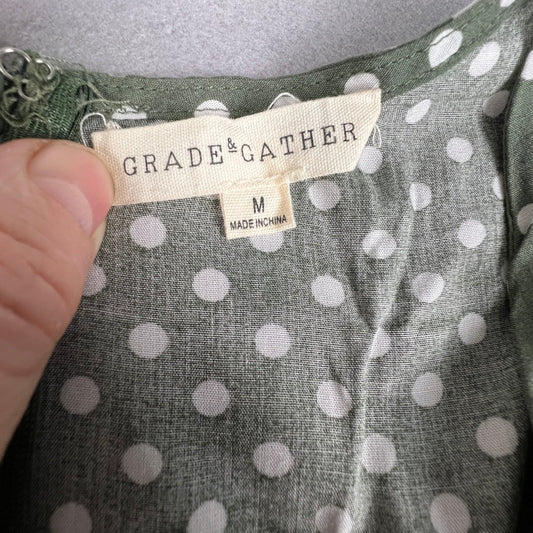 Anthropologie Grade & Gather Midi Dress Womens M Green Polka Dot Summer Casual