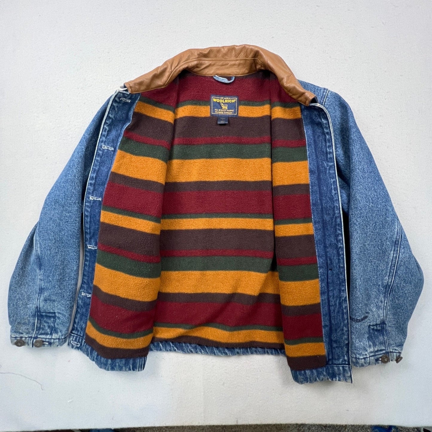 Woolrich Denim Barn Jacket Womens L Blue Leather Collar Fleece Lined Workwear