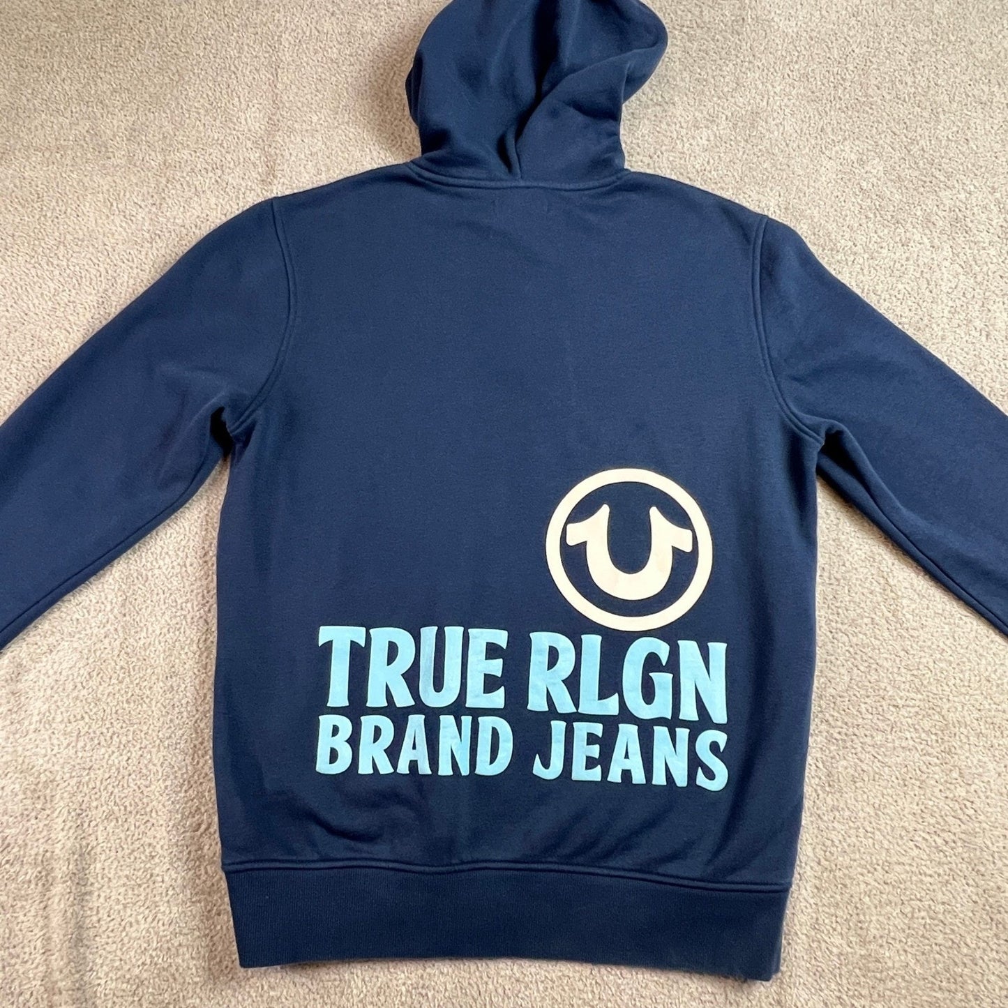 True Religion Hoodie Mens Medium Blue Horseshoe Logo Pullover Sweatshirt
