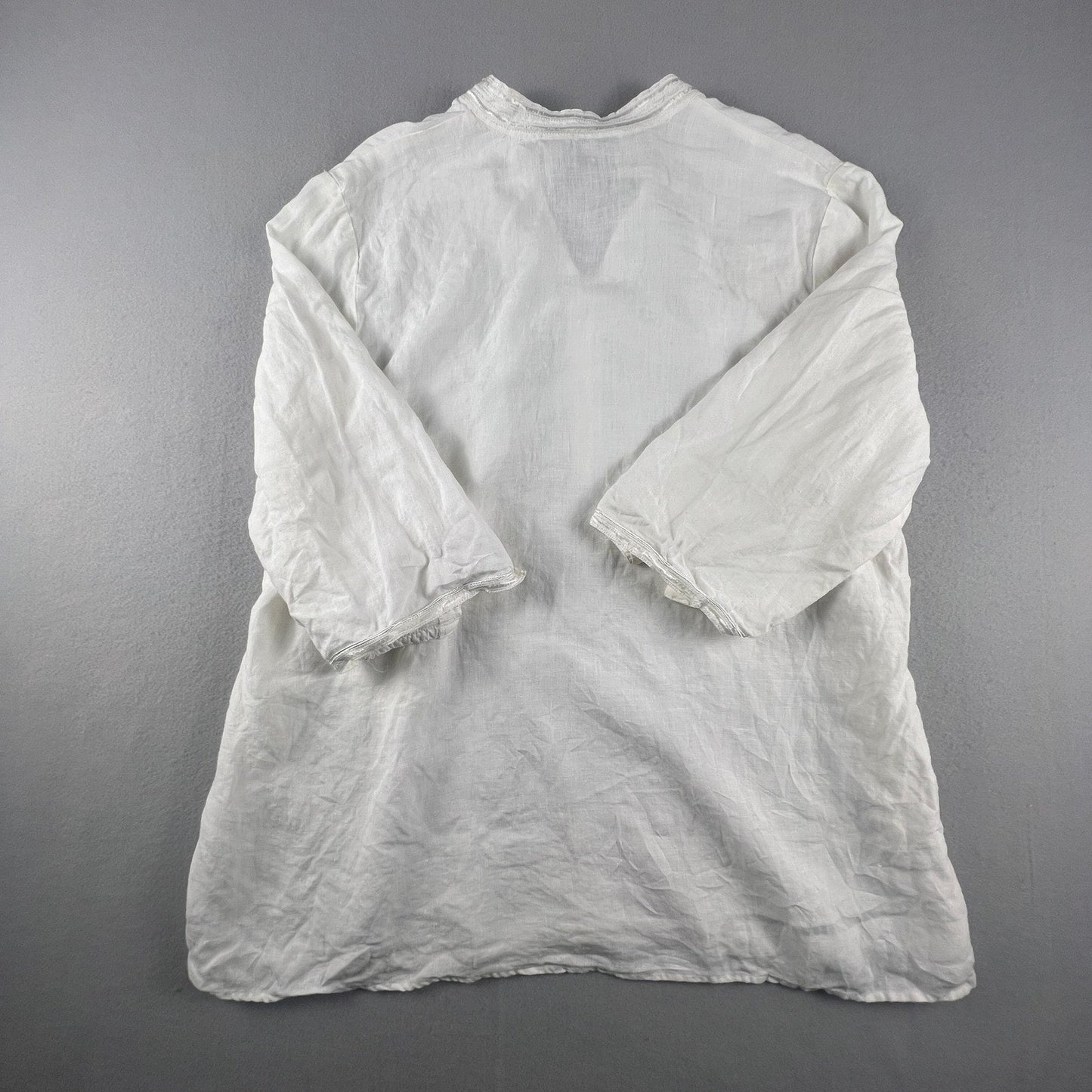 100% Linen Edward Woman Tunic Men 2X White Irish Embroidered V-Neck Beach Coastal