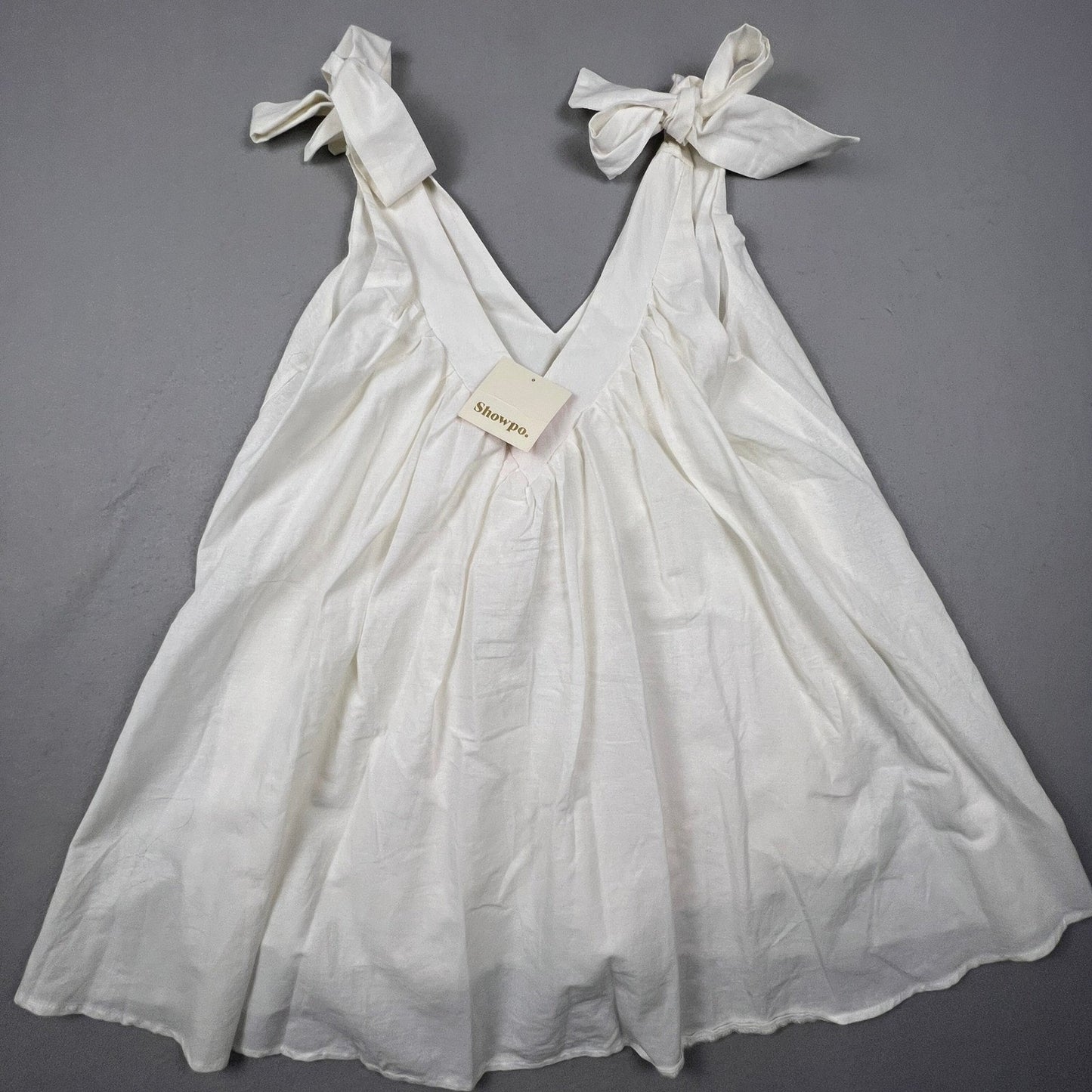 NWT Showpo Mini Dress Womens 6 White Tie Shoulder Cotton Babydoll Summer Boho