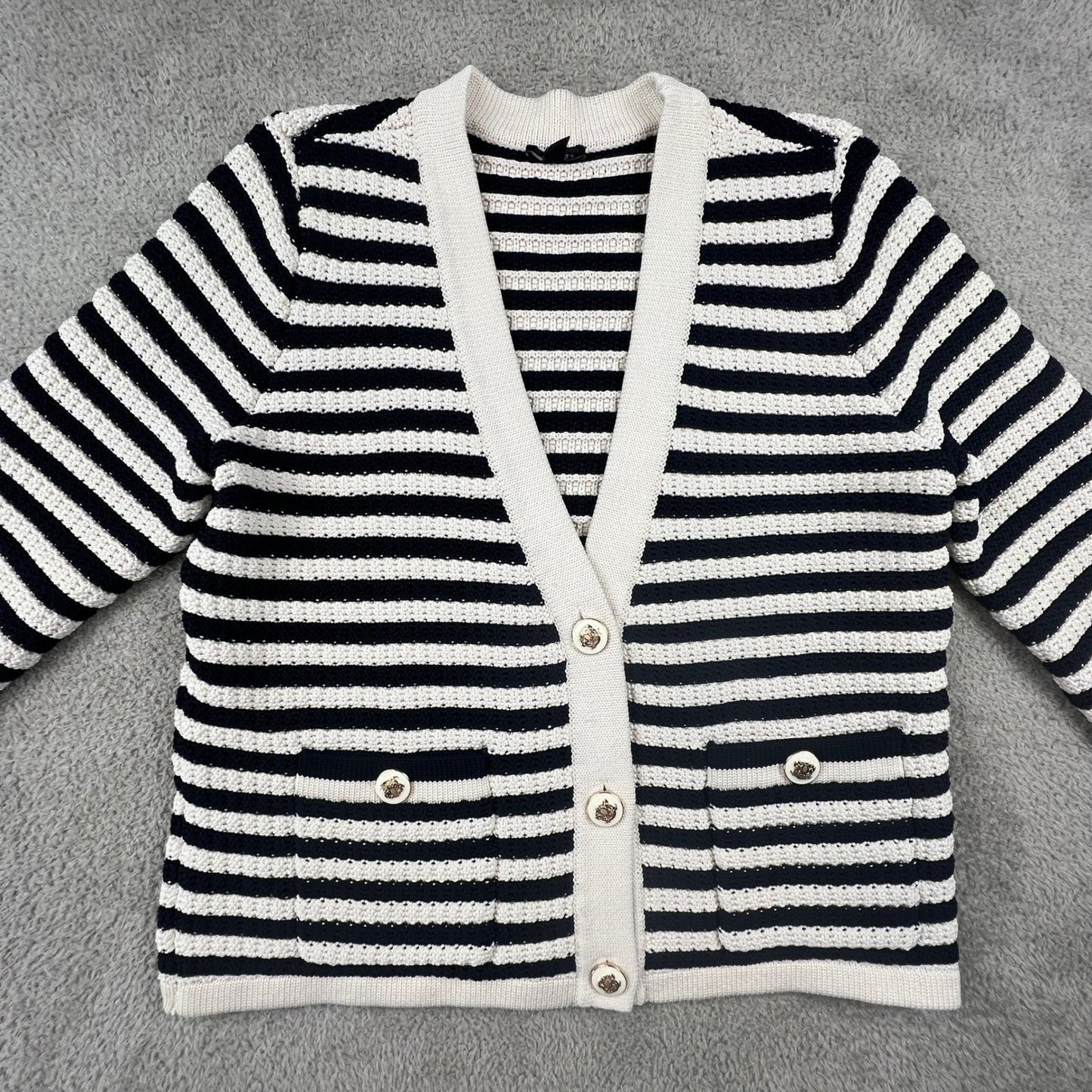 Sailor Chic Nautical Chunky Knit Striped V-Neck Sweater Talbot's Women's Medium