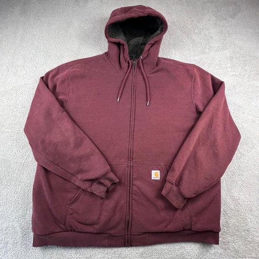 Carhartt Sherpa Lined Hoodie Mens 2XL Tall Burgundy Full Zip Workwear Sweatshirt