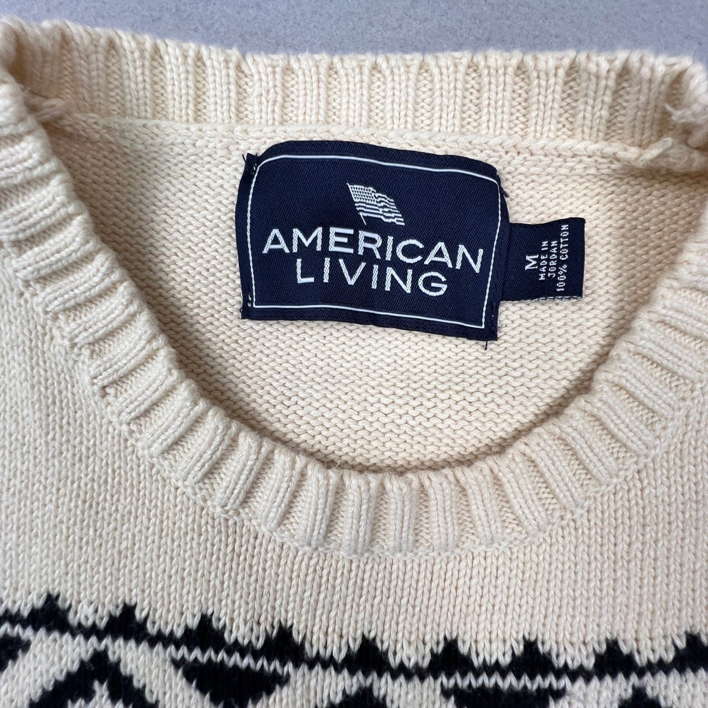 American Living Bear Fair Isle Sweater Mens Medium Cream Cotton Knit Cabin Core