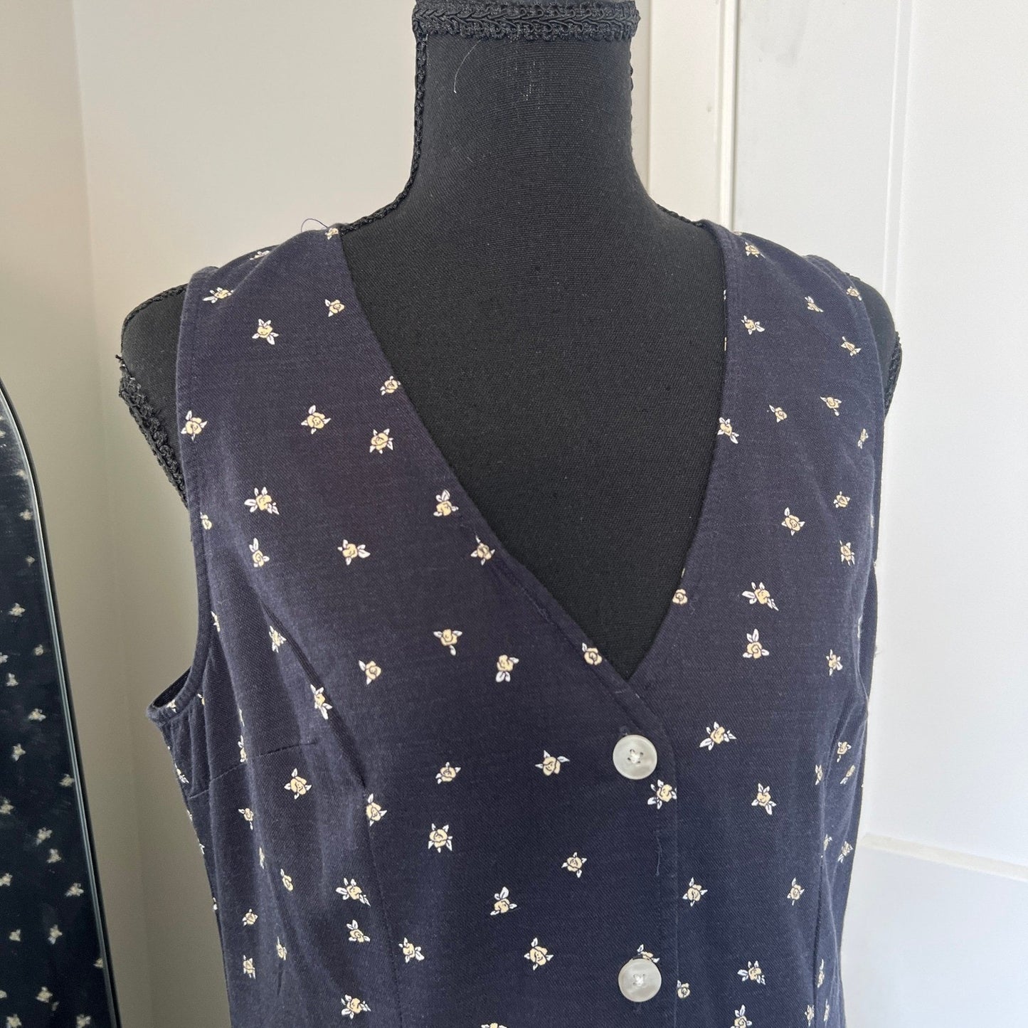 Floral Mini Dress Womens Medium Navy Blue Button Front Casual Universal Thread