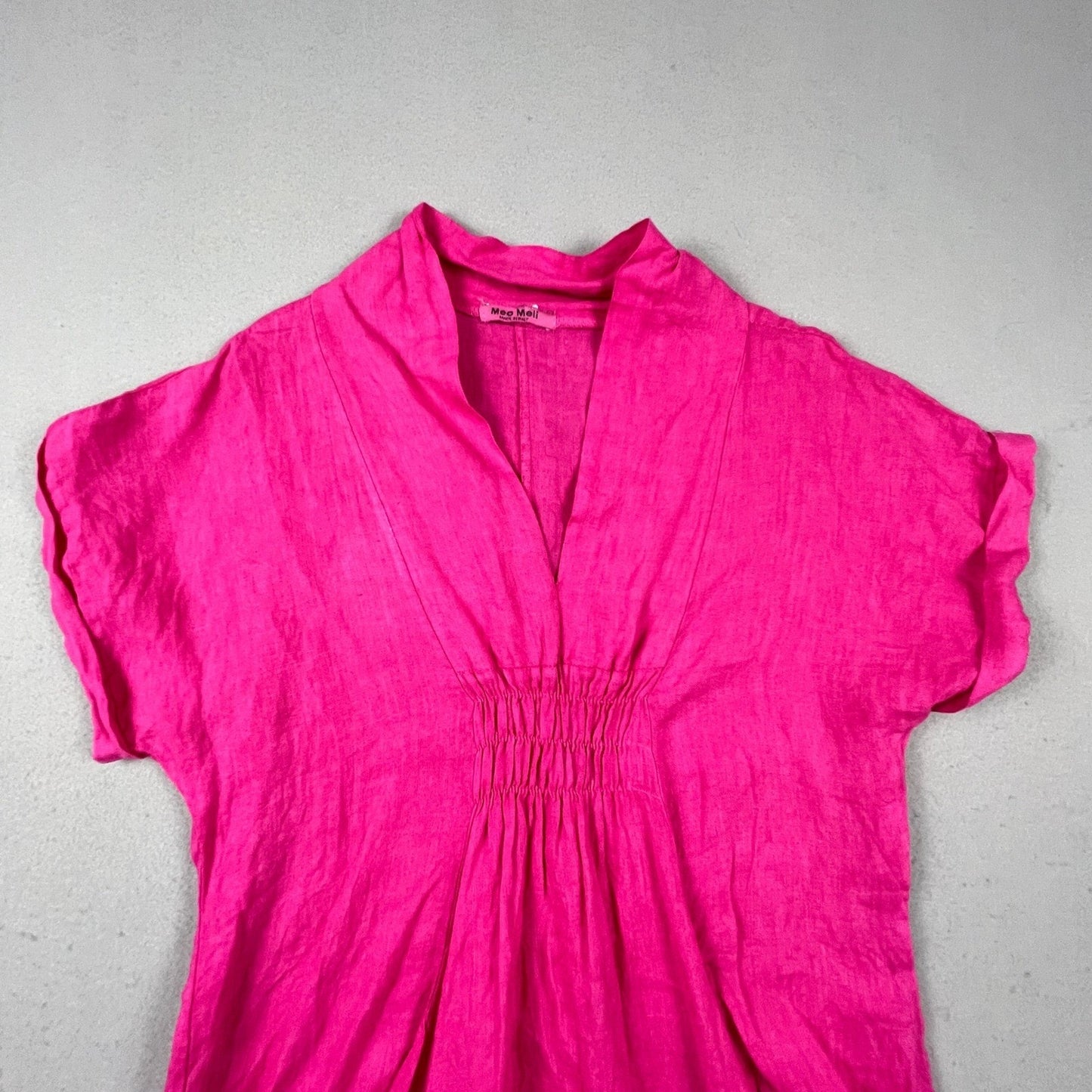 Meo Meli 100% Linen Tunic Dress Womens OS Pink V-Neck Smocked Pockets Italy Boho