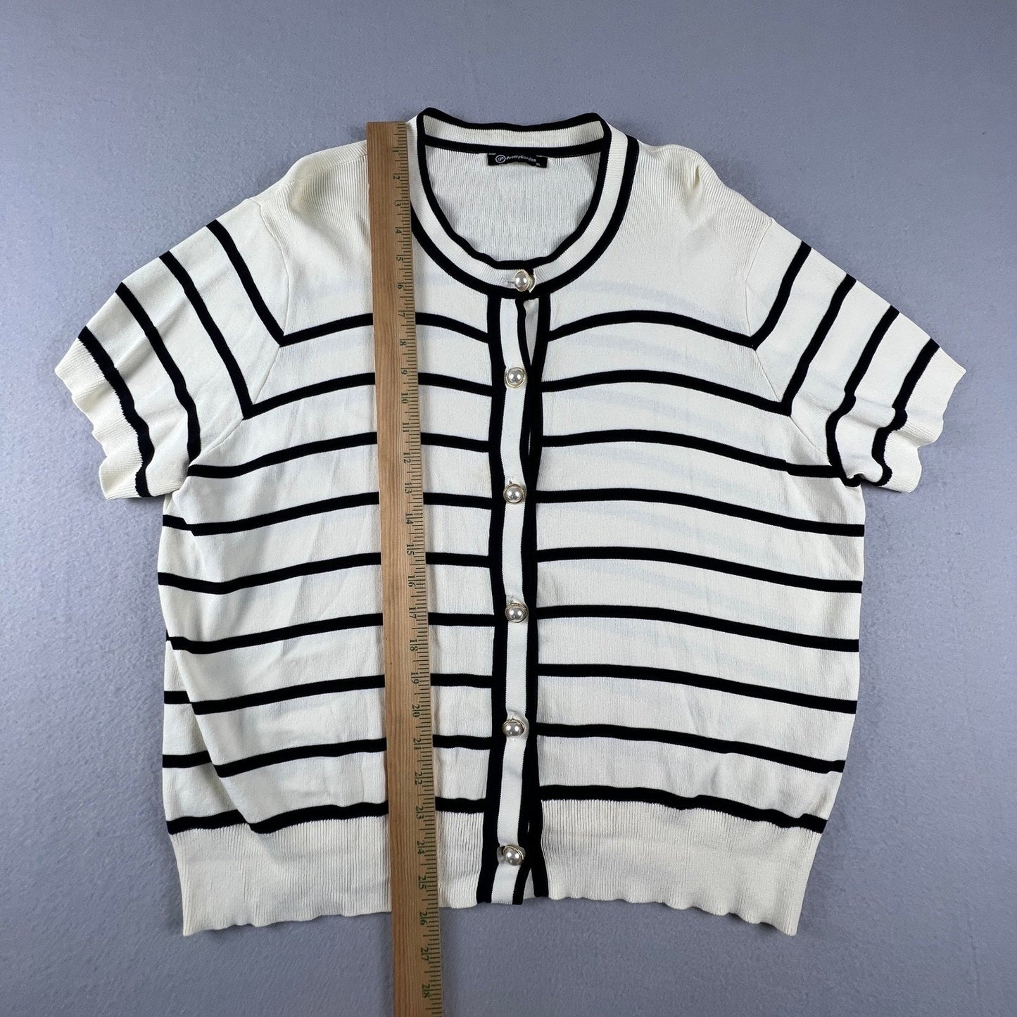 PrettyGarden Cardigan Sweater Womens XL White Black Striped Pearl Button Preppy