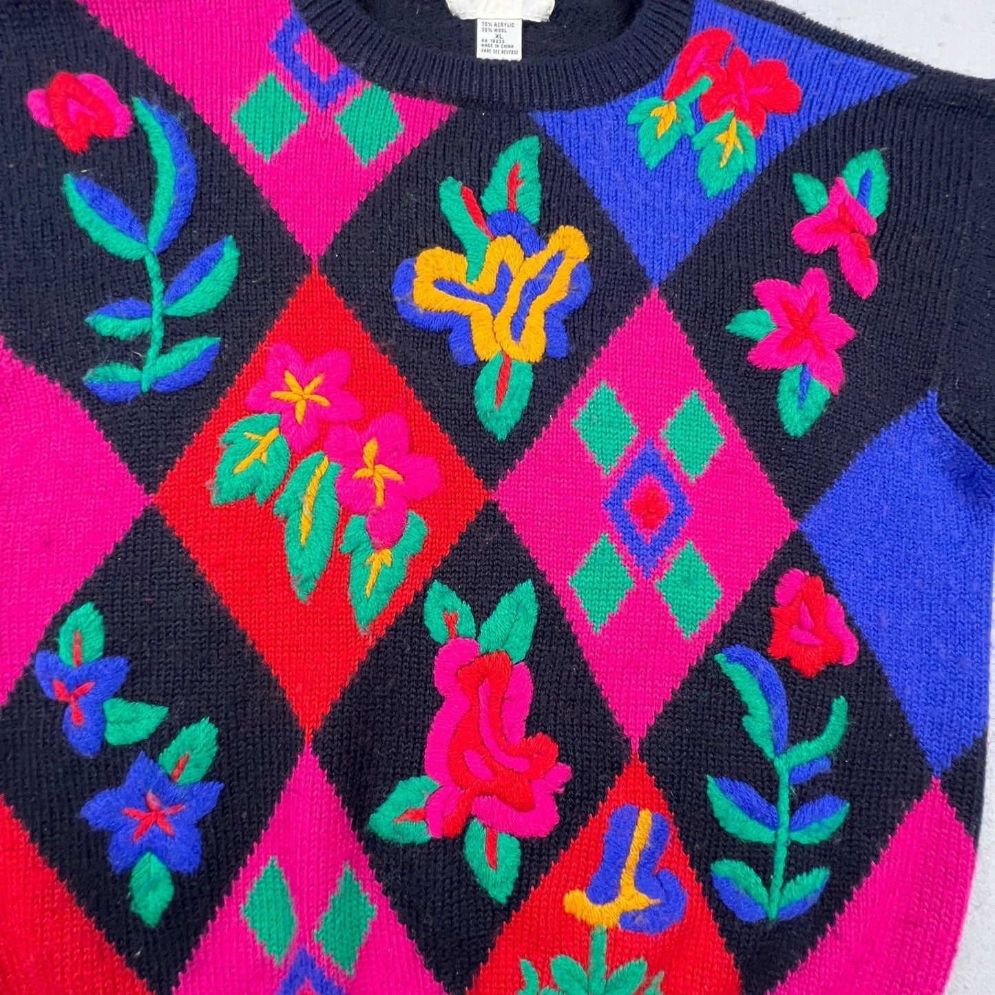 Alfred Dunner Sweater Women XL Black Floral Argyle Knit Vintage Style Crewneck