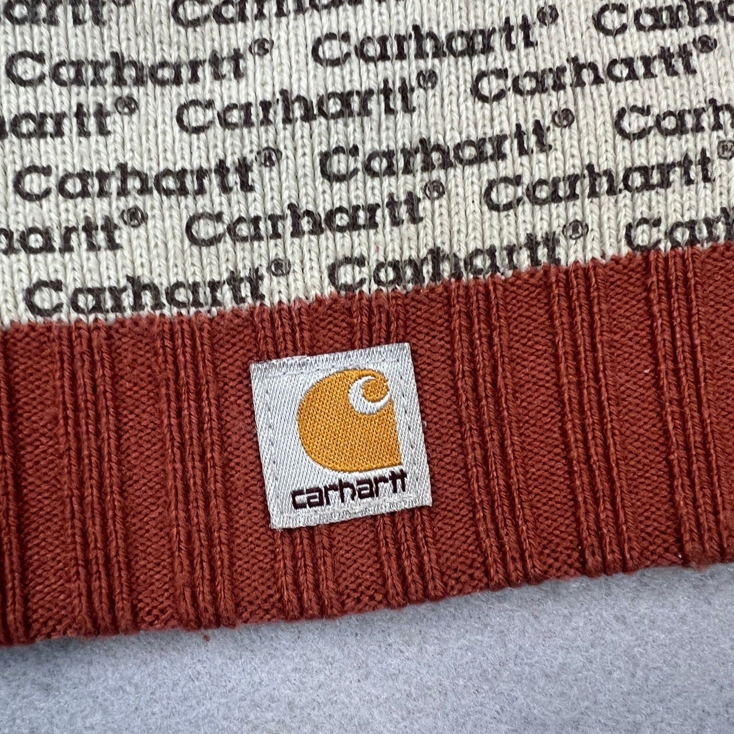 Carhartt Beanie Hat AOP Cream Orange Logo Knit Winter Streetwear RARE Collectors