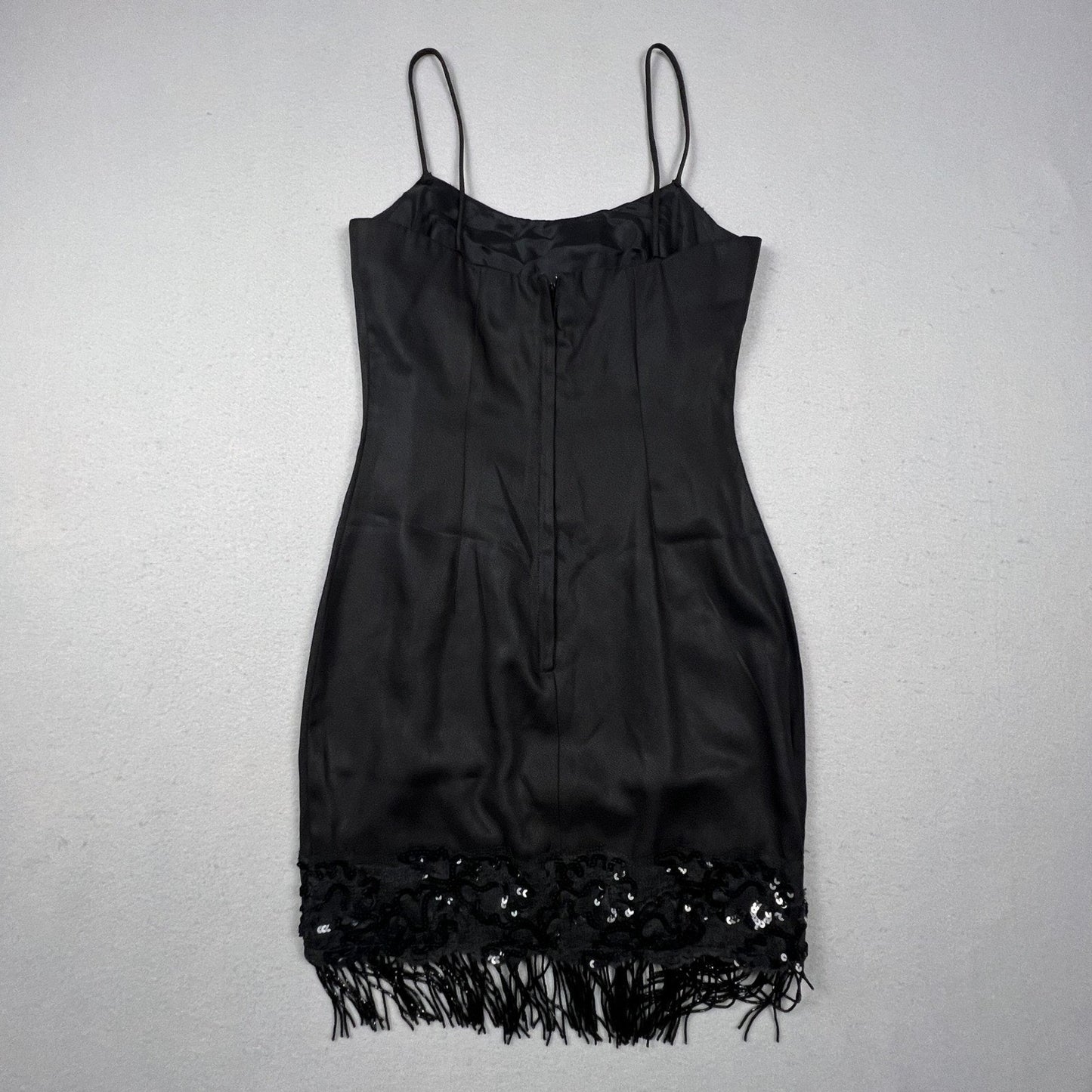 VTG 90s Roberta Mini Dress Small Black Sequin Fringe Lace Spaghetti Strap Party