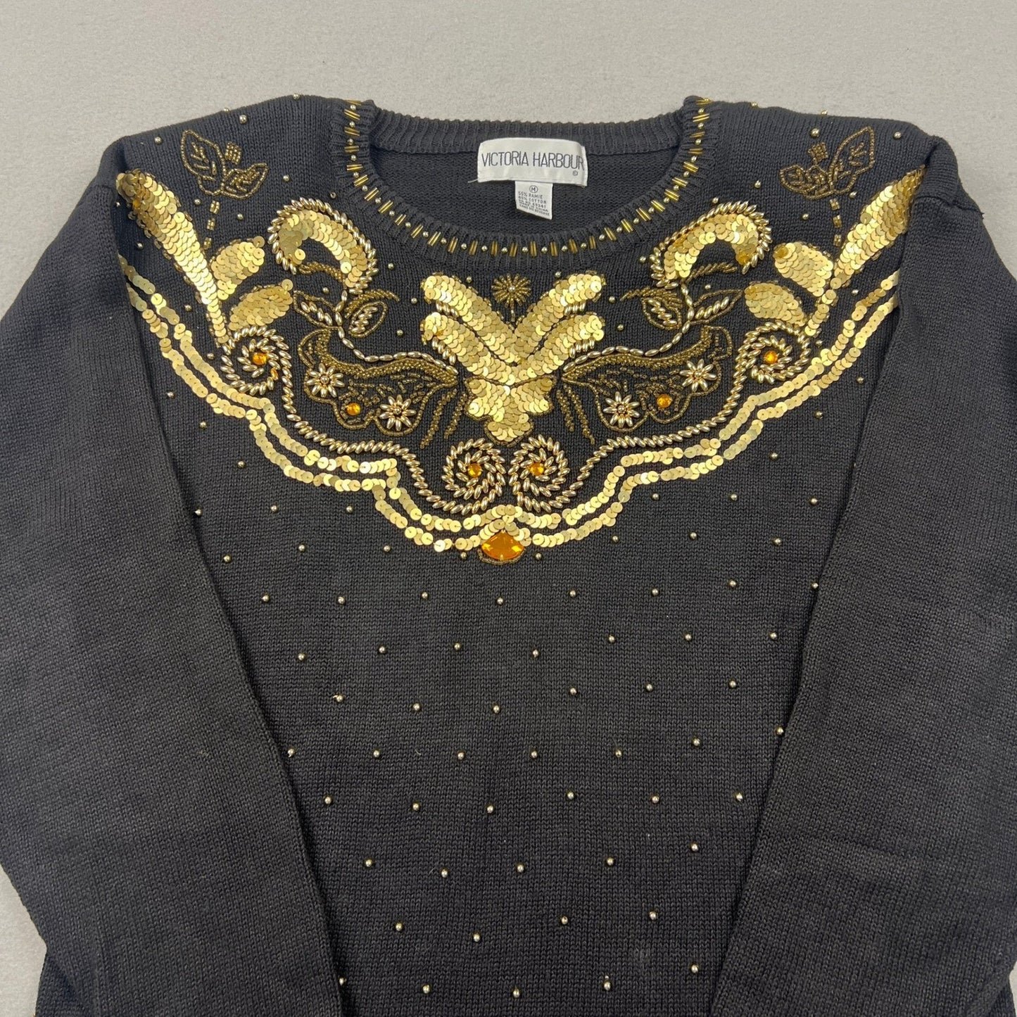 VTG 90s Victoria Harbour Sweater Women M Black Gold Sequin Beaded Party Glam