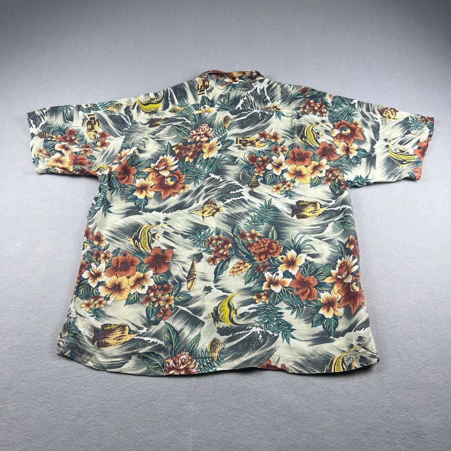Vtg Tommy Bahama Hawaiian Shirt Mens L Tan Floral Fish Tropical Camp Aloha
