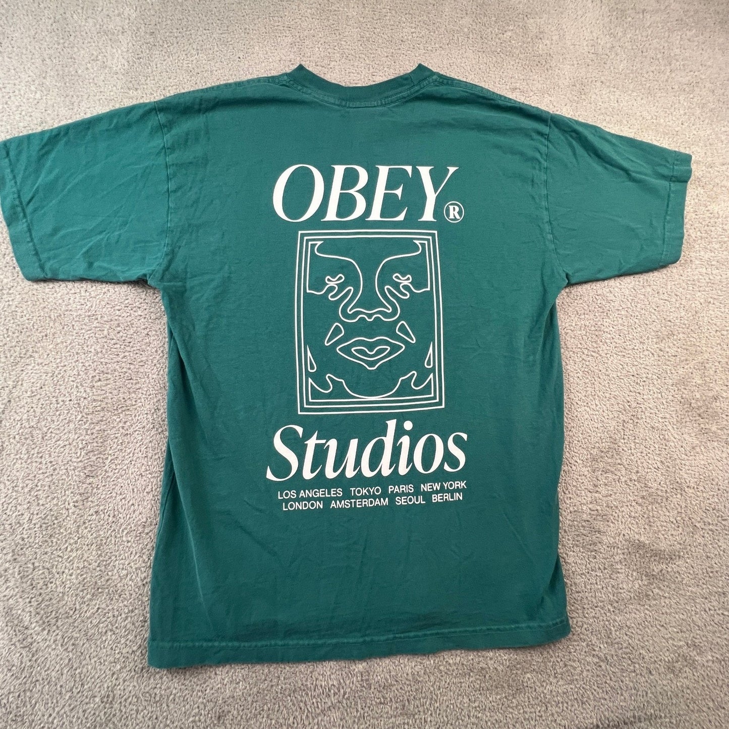 Obey Studios Mens Medium Graphic T-Shirt Teal Green Short Sleeve Crewneck