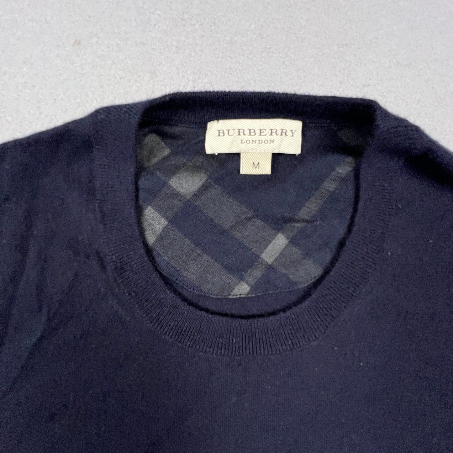 Burberry London Cashmere Sweater Mens M Navy Crewneck Nova Check Luxury Knit