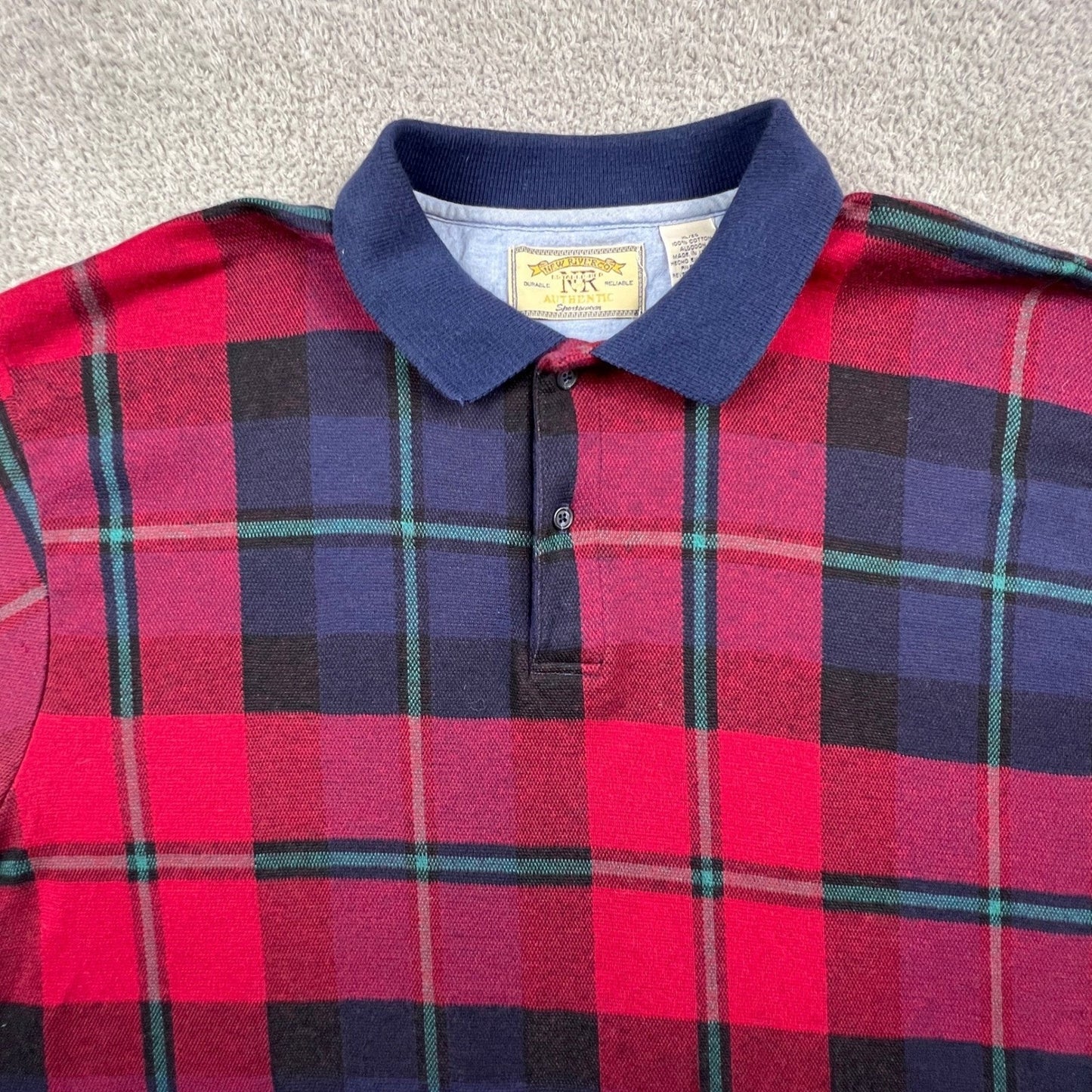 VTG Plaid Polo Shirt Mens XL Sporty Cotton Golf USA New River Co Preppy College
