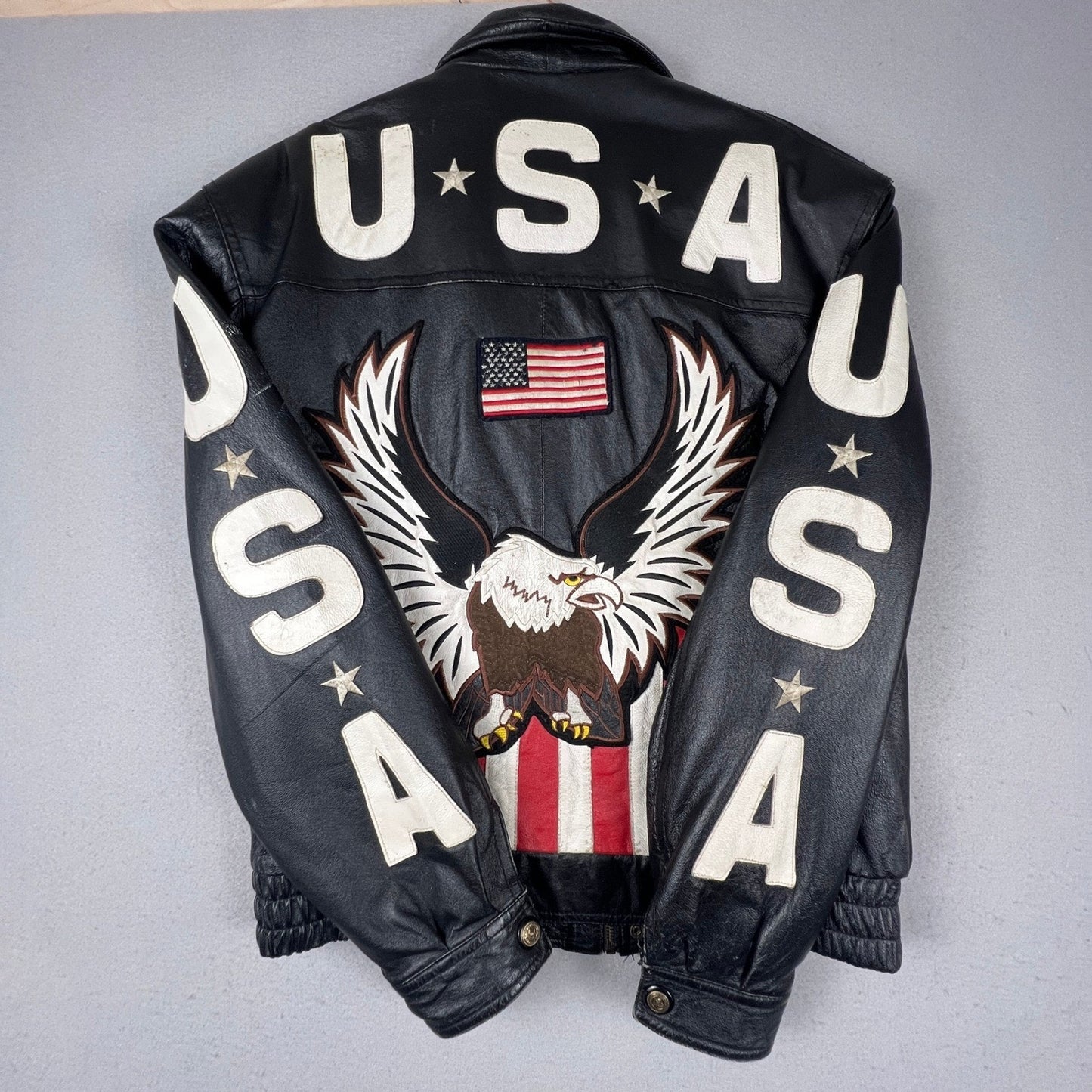 Leather Bomber Jacket Mens L Black USA Eagle Patriotic Biker Vintage Rocker