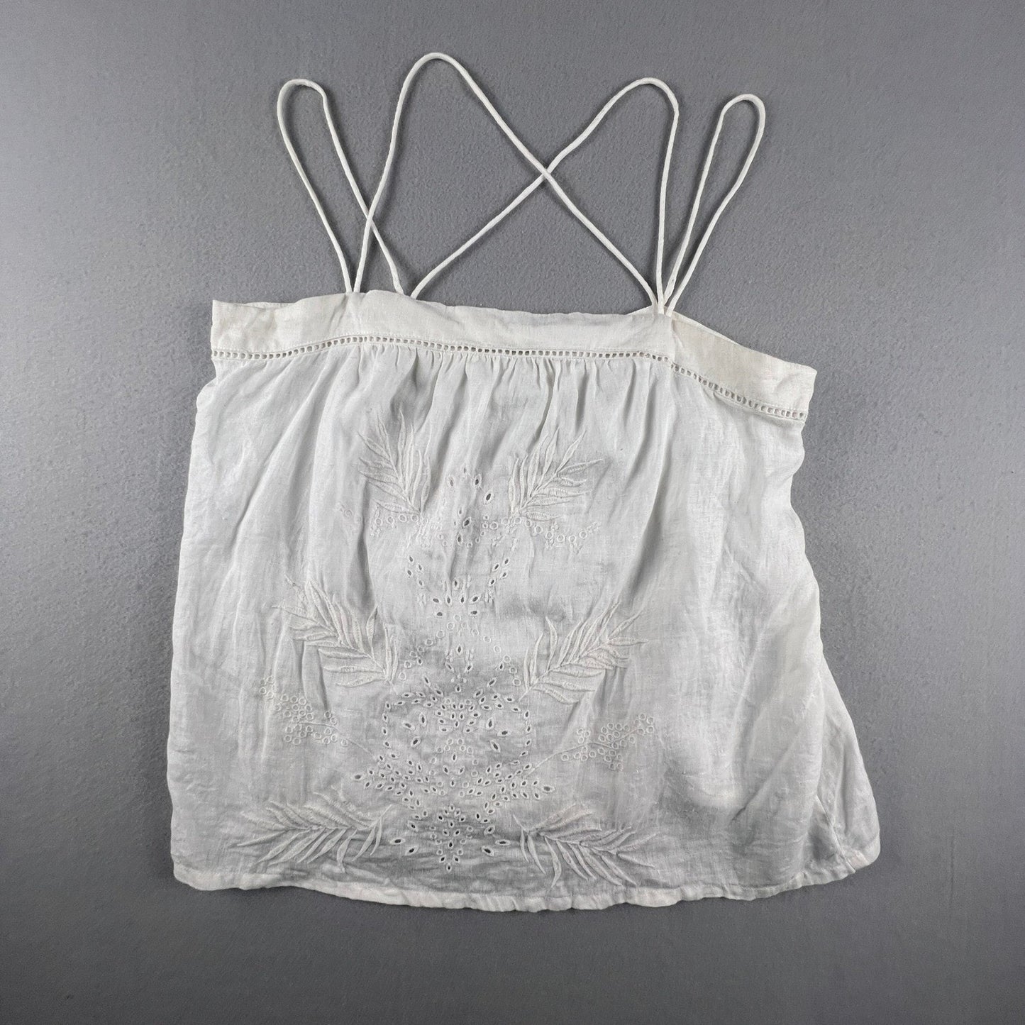 100% Linen White Camisole Top 12 Eyelet Embroidered Strappy Boho Summer GAP