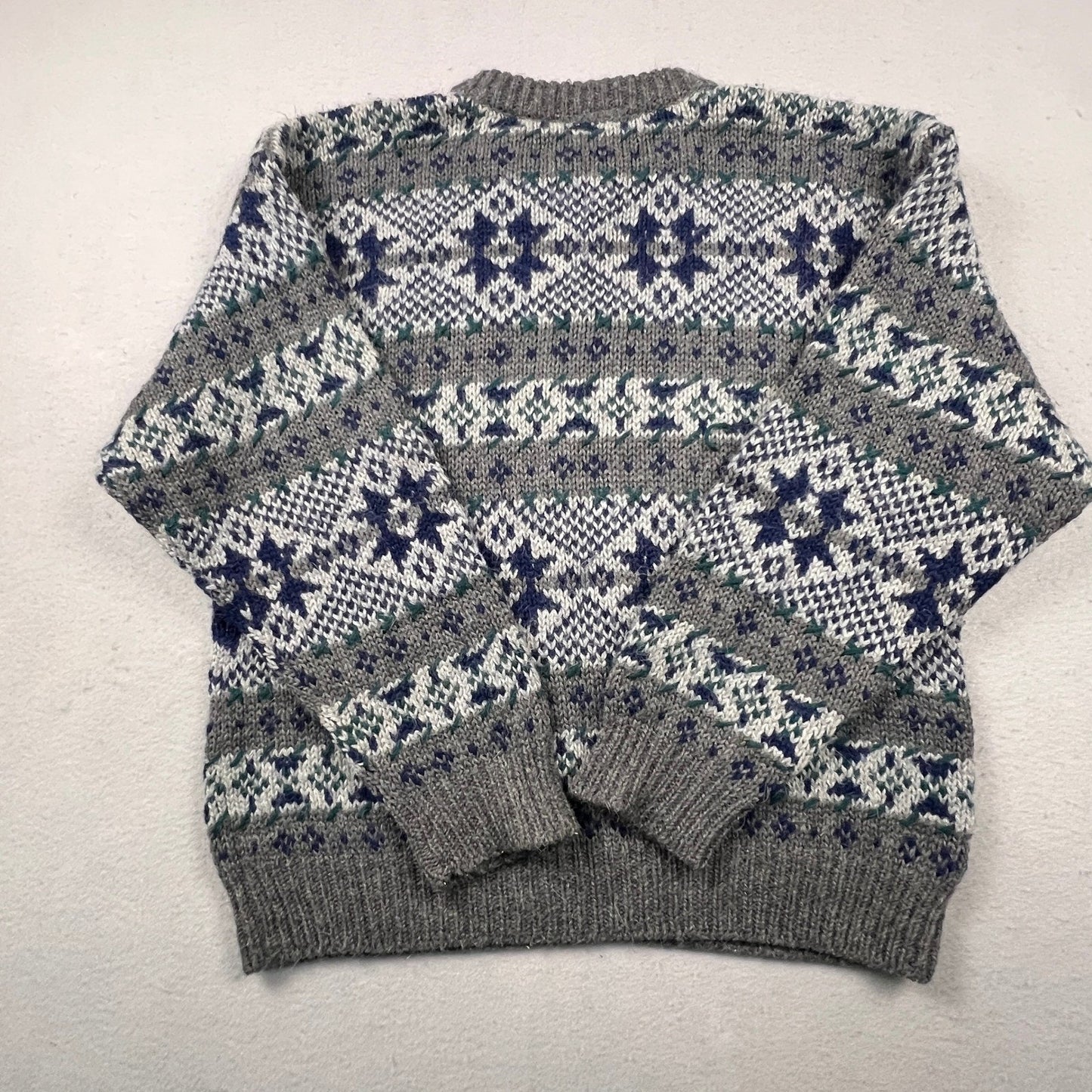 Vintage Alpaca Wool Sweater Mens Medium Gray Fair Isle Snowflake Knit Peru Boho