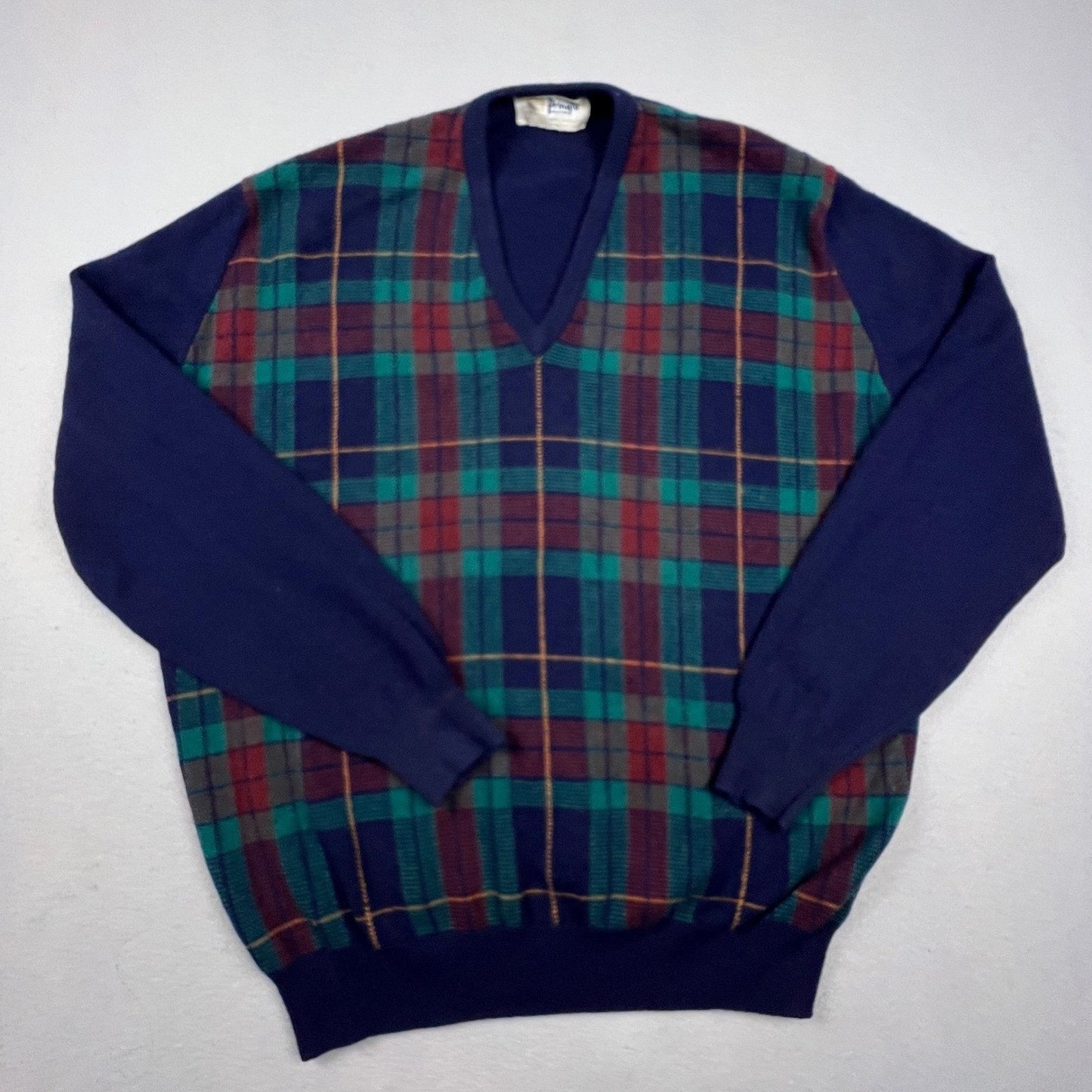 Pringle of Scotland V-Neck Sweater Men 2XL Navy Plaid Lambswool Vintage Scotland