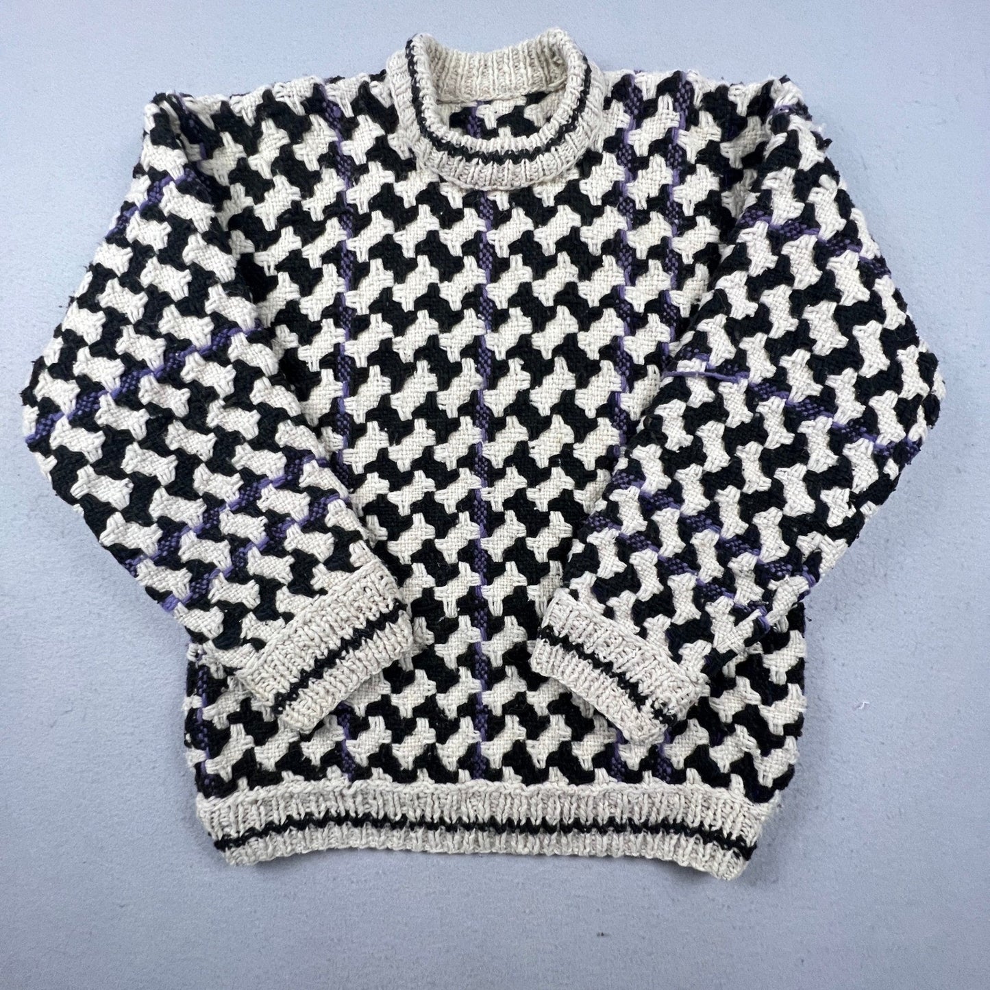 Vintage Houndstooth Hand Knit Sweater Mens XL Black White Pullover Chunky Warm