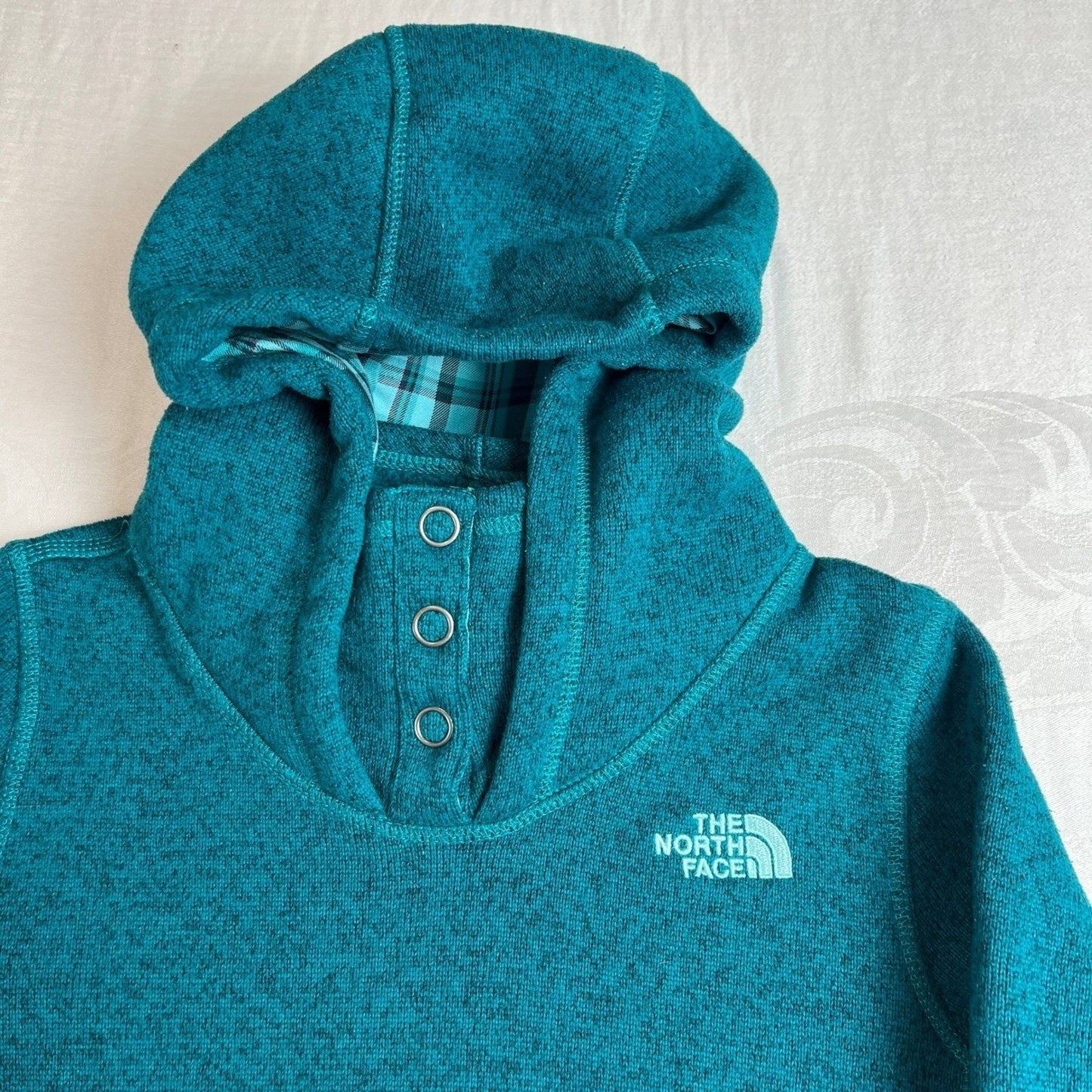 The North Face Fleece Hoodie Pullover Women's Small Petite Teal Neck Plaid Lined