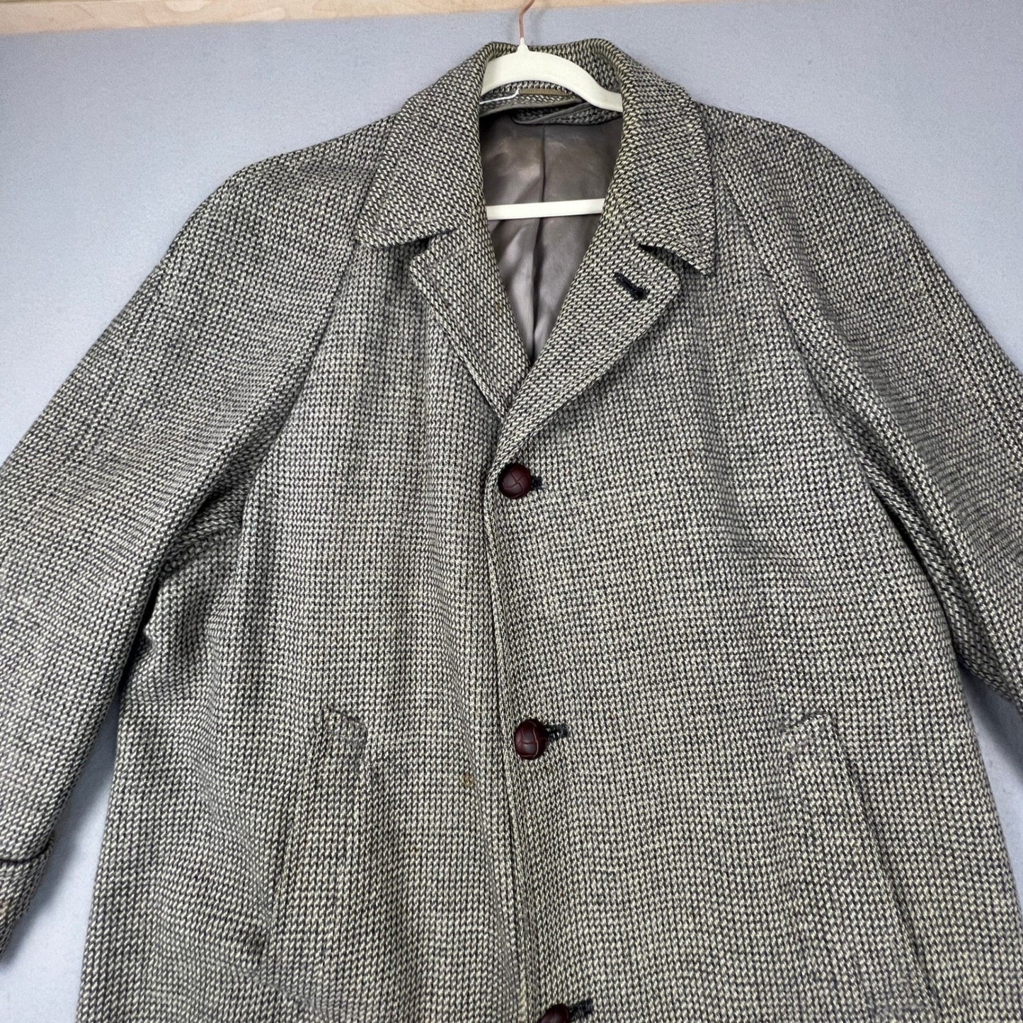 Harris Tweed Overcoat Mens XL Grey Handwoven Pure Scottish Wool Trench Coat VTG