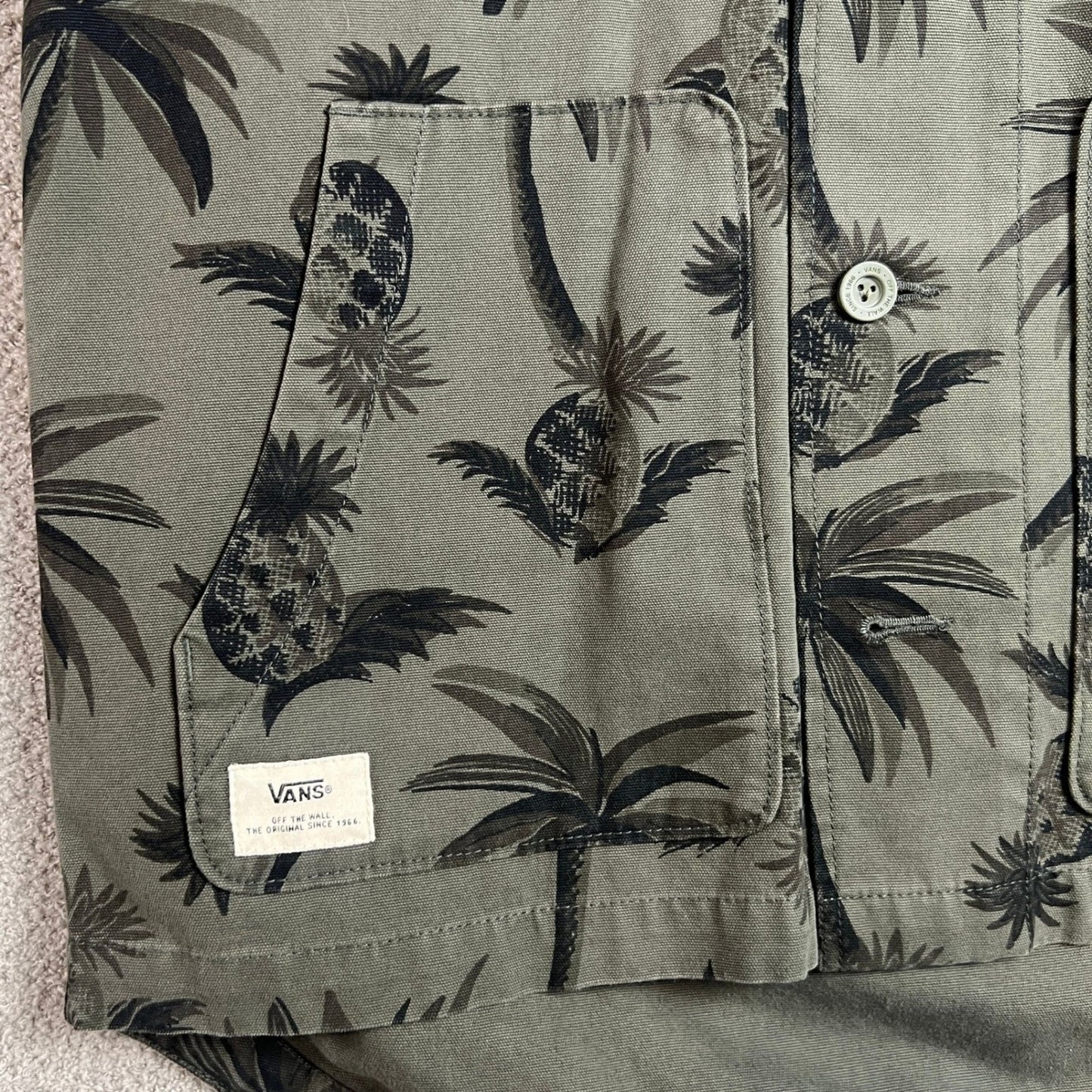 Vans Hooded Jacket Mens Medium Tropical Palm Tree Print Chore Coat Olive