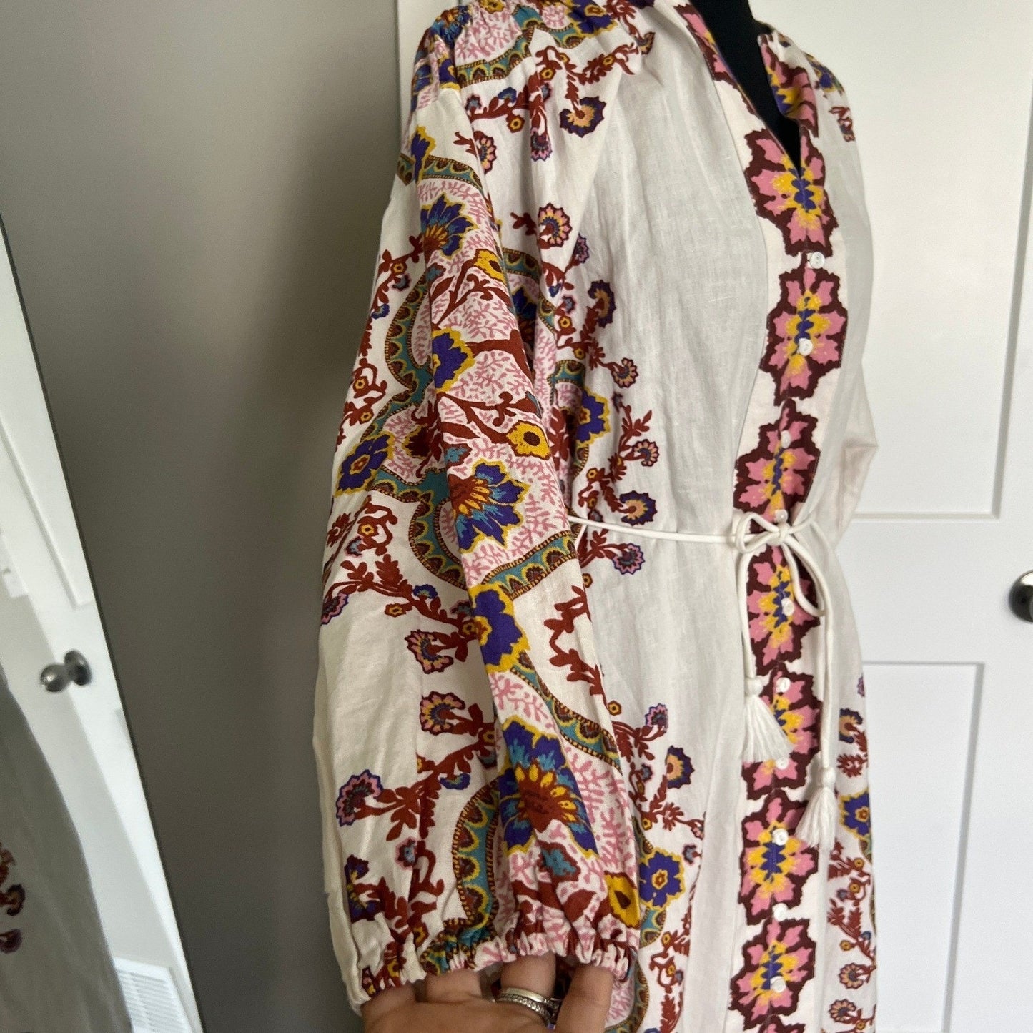 Cleobella Maxi Dress Womens Small White Floral Paisley Cotton Linen Boho Belted