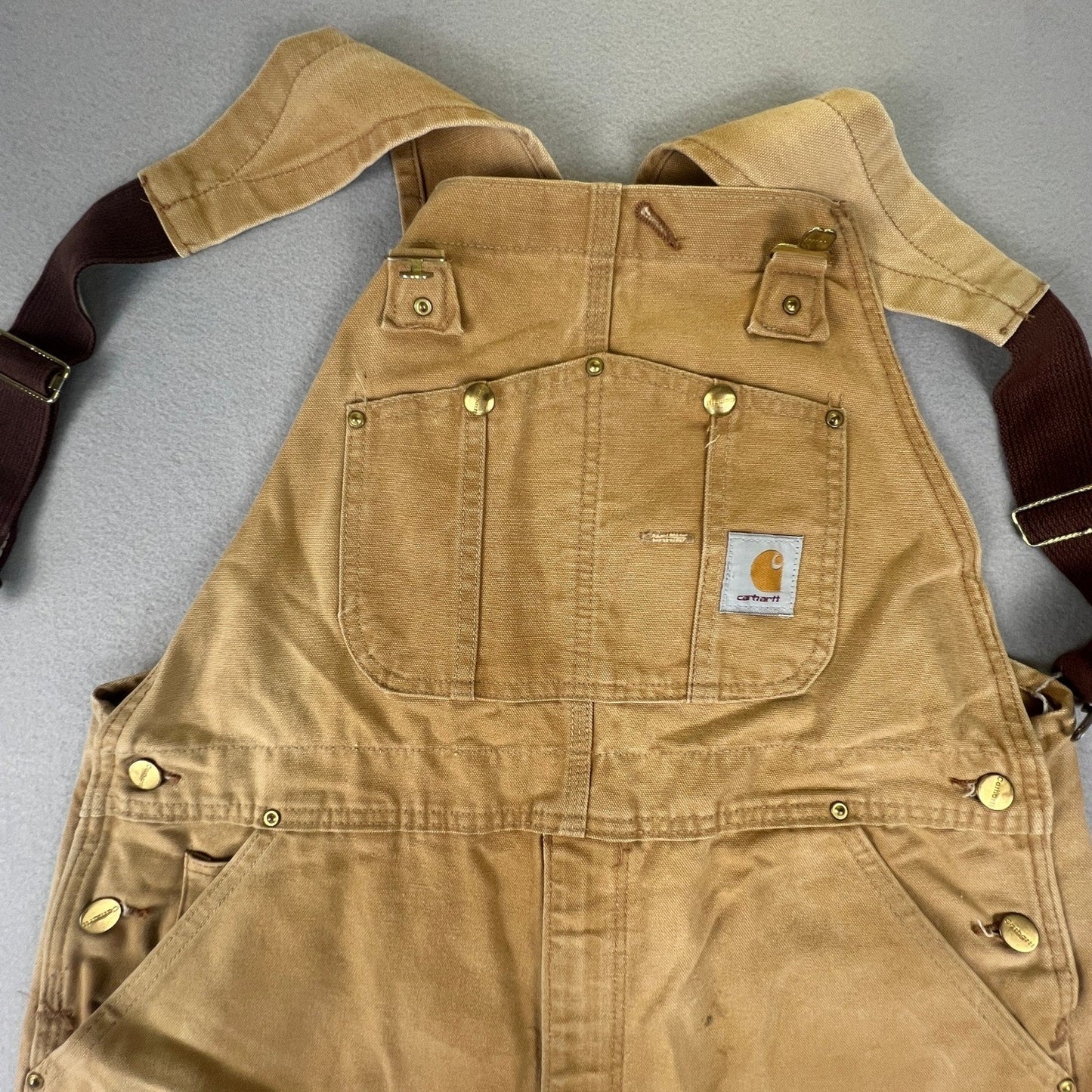Carhartt Bib Overalls Mens 38x30 Brown R01 BRN Double Knee Workwear Distressed