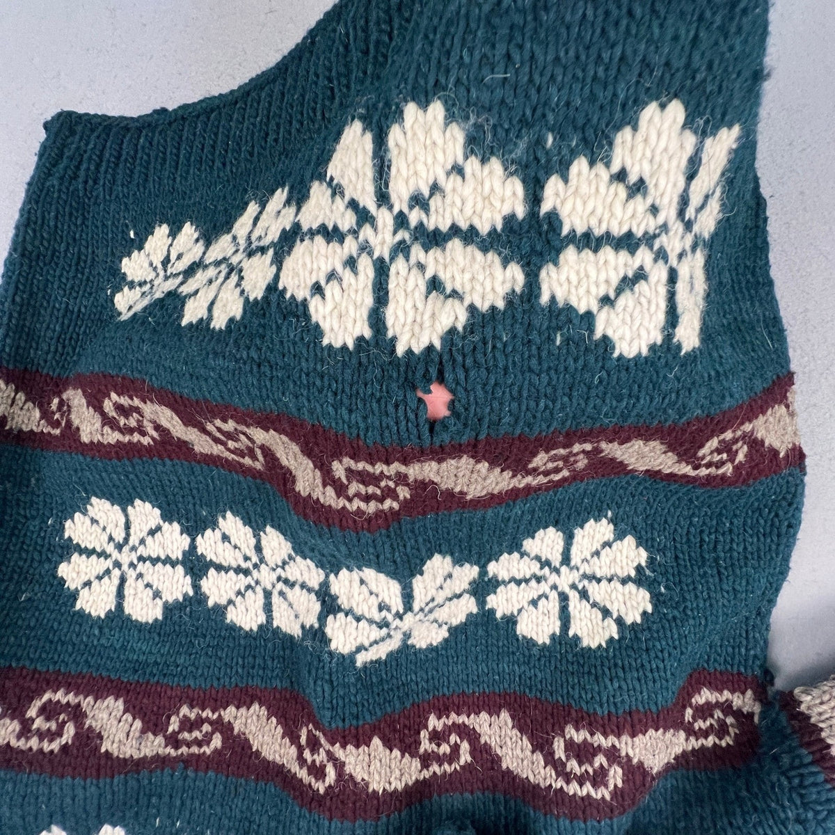 Hand Knit Nordic Snowflake Sweater Mens XL Teal Wool Blend Fair Isle Cabin Core