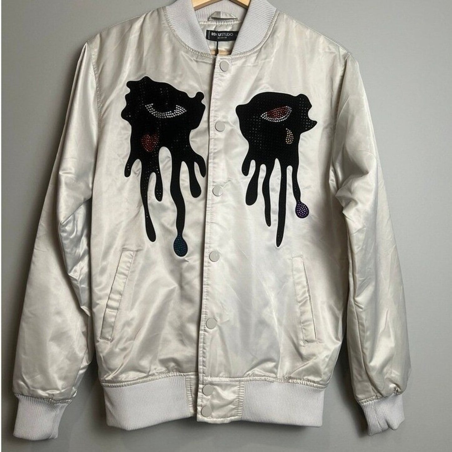 Y2K Roku Studio Bomber Jacket Mens Small NWT Silver Rhinestones Tear Drop Grunge