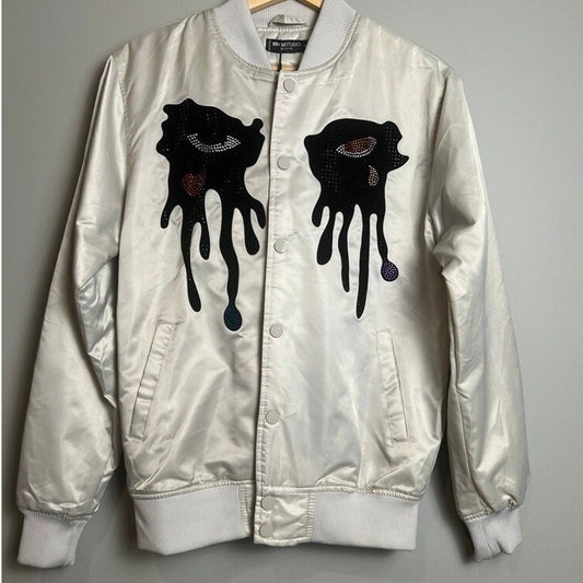 Y2K Roku Studio Bomber Jacket Mens Small NWT Silver Rhinestones Tear Drop Grunge