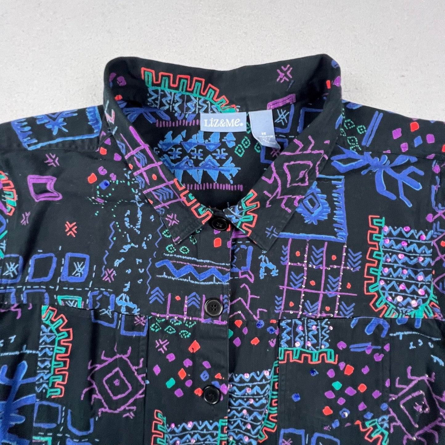 Liz & Me Button Down Shirt Women 3X Black Geometric Tribal Sequin Cotton Top