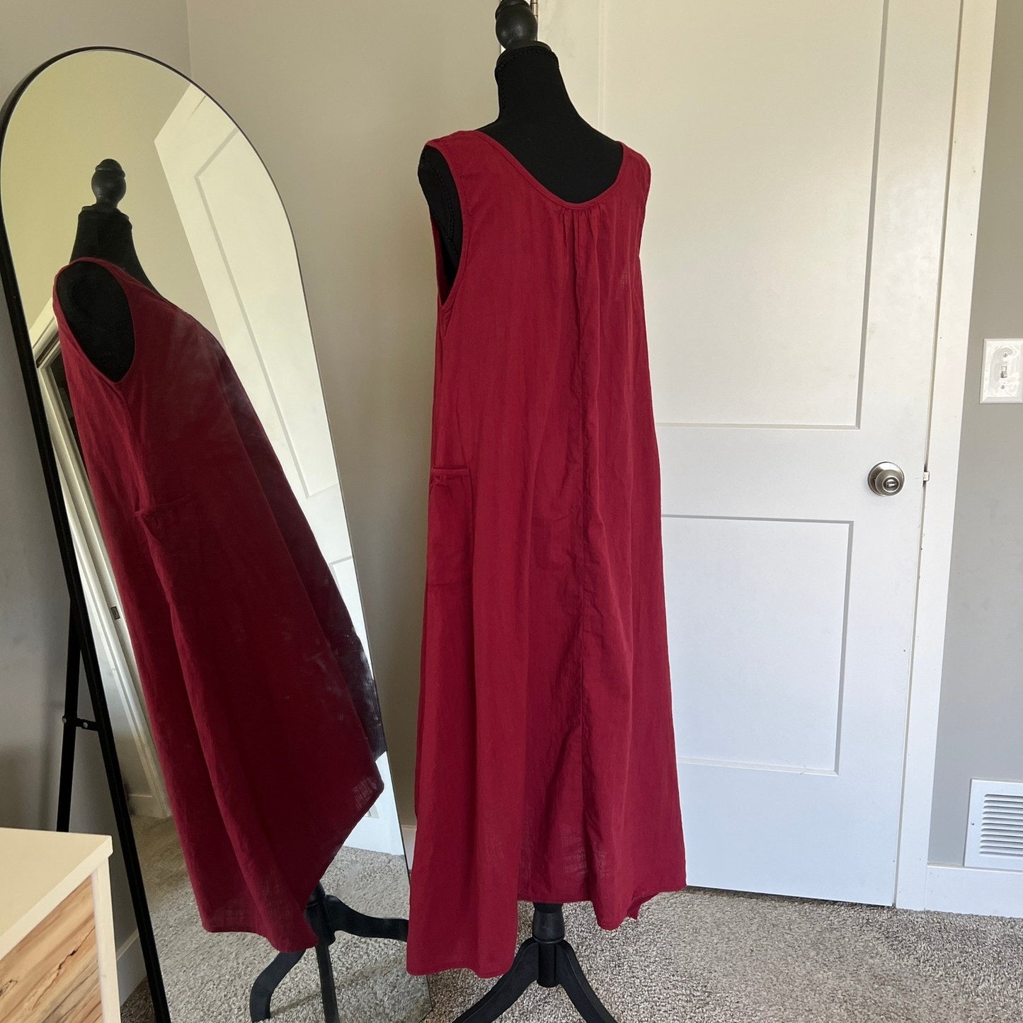 Zanzea Maxi Dress Womens M Red Sleeveless Cotton Blend Boho Lagenlook Pocket
