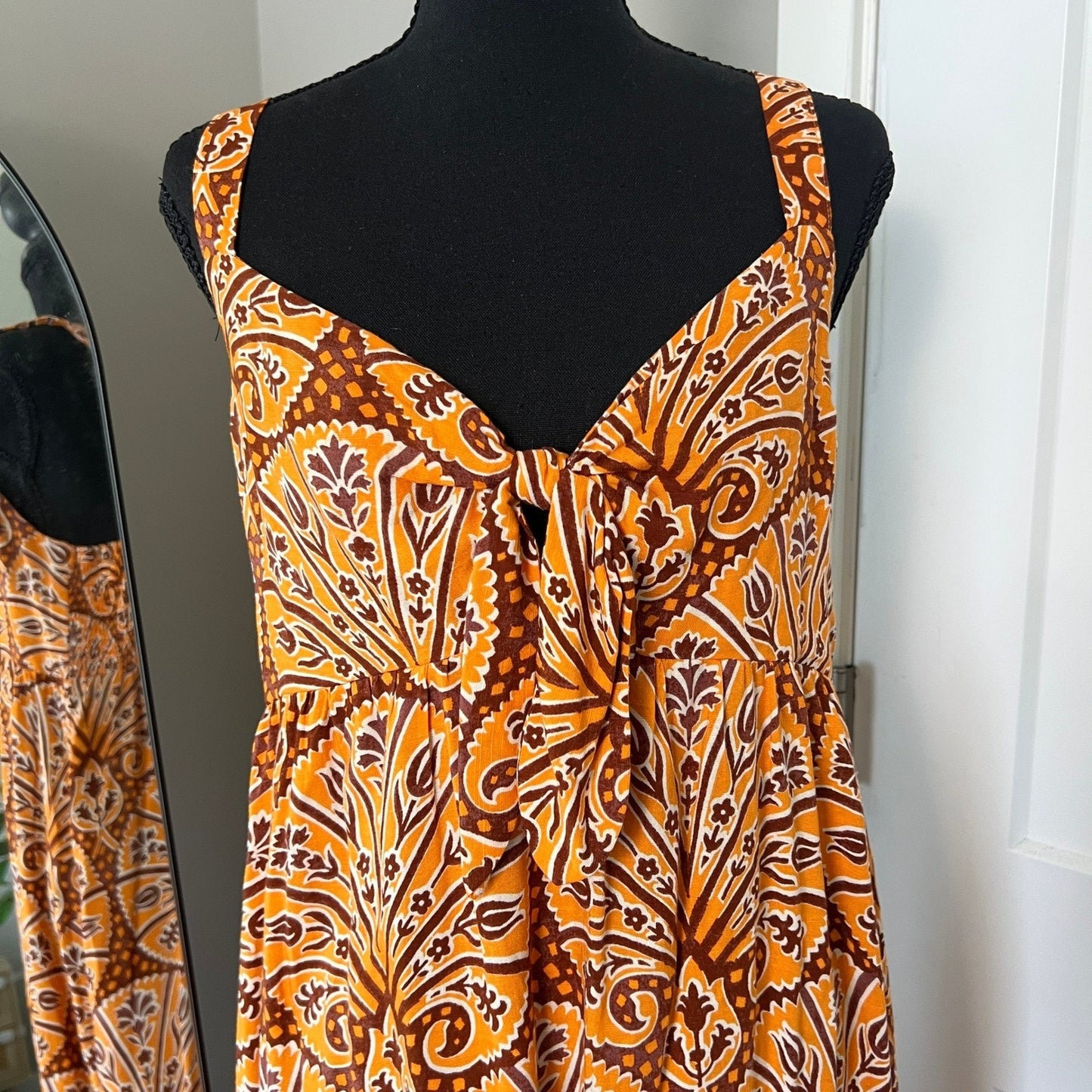 Boho Peasant Summer Midi Dress Womens Medium Orange Paisley Tie Front Knox Rose