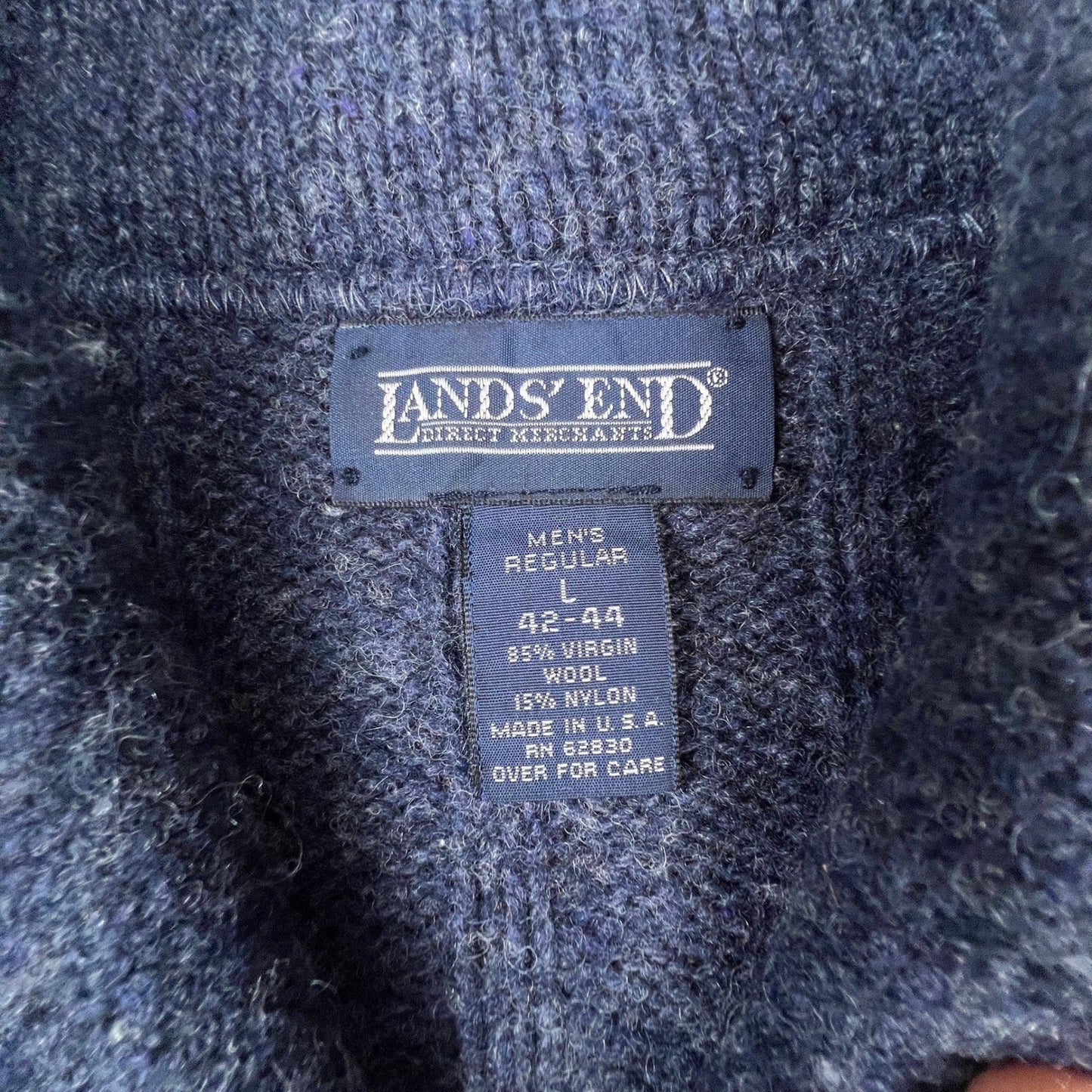 Lands End Shawl Collar Sweater Mens L Blue Wool Blend Ribbed Knit Vintage USA