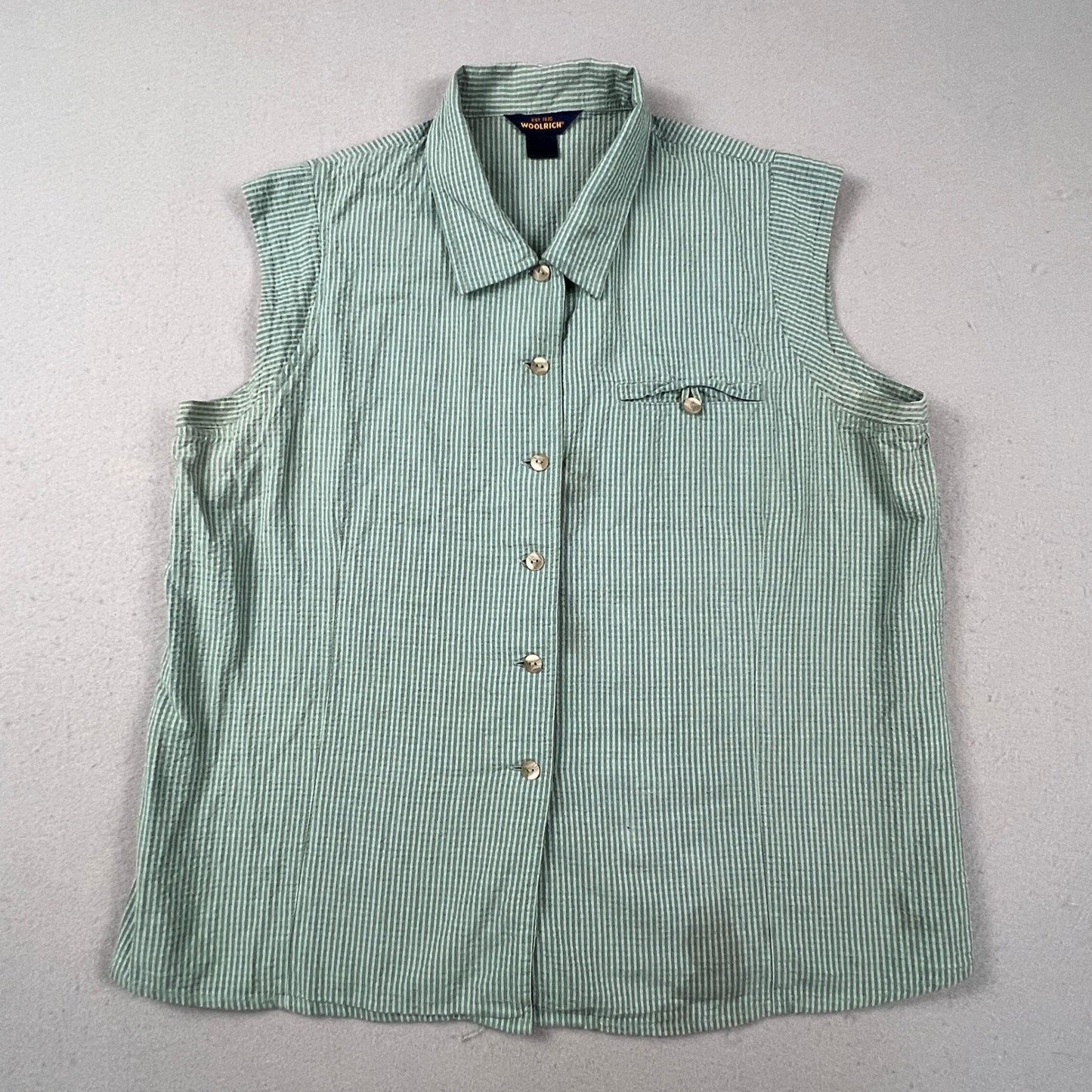 Woolrich Seersucker Shirt Womens XL Green Striped Sleeveless Button Up Outdoor