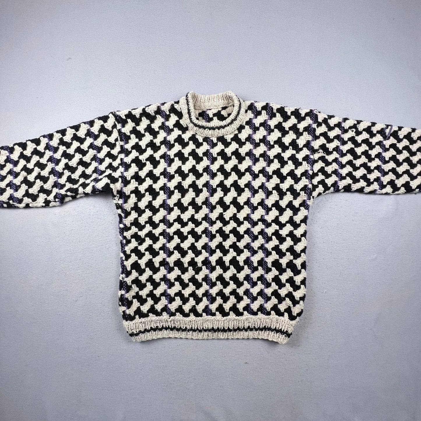 Vintage Houndstooth Hand Knit Sweater Mens XL Black White Pullover Chunky Warm