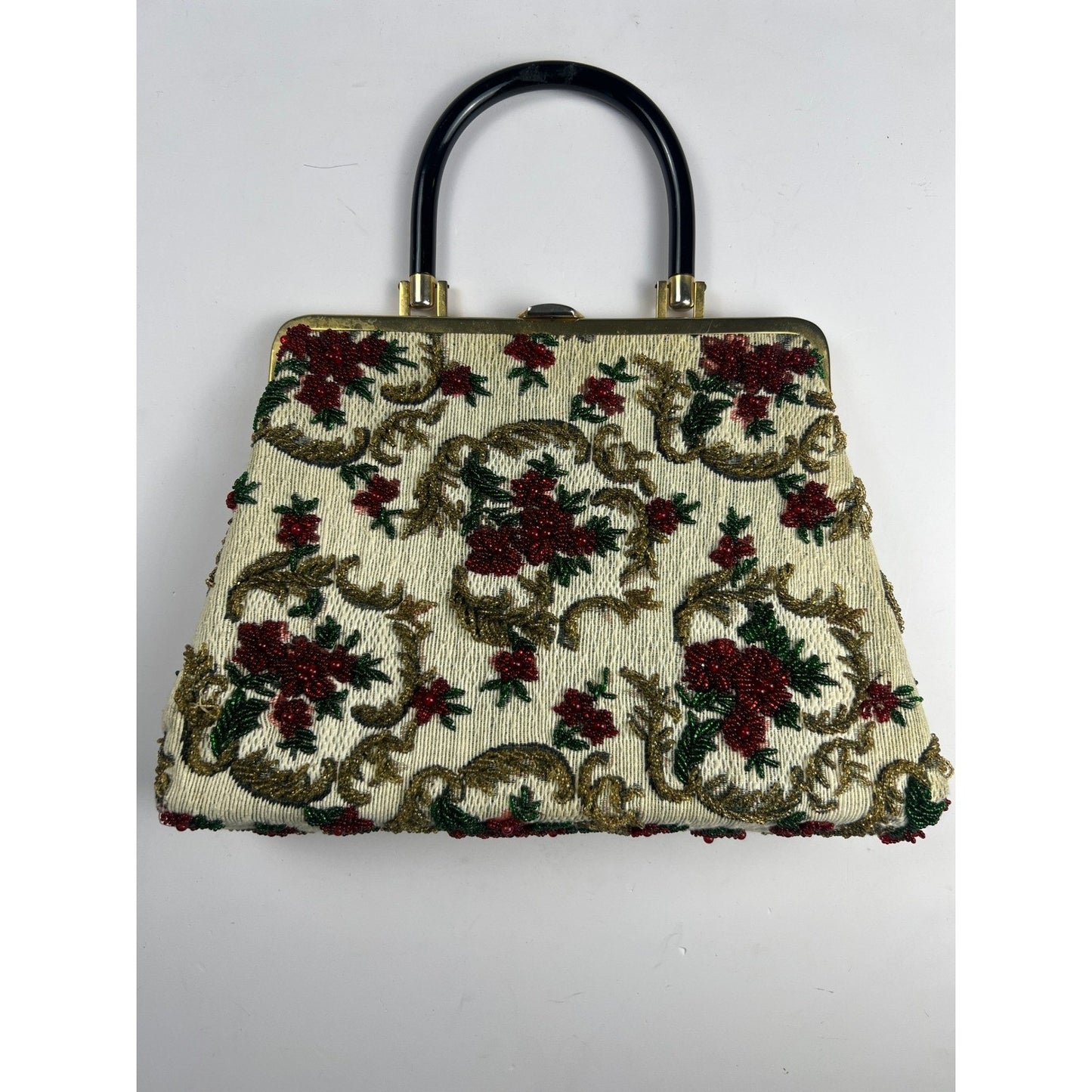 Vintage 1950s Beaded Tapestry Handbag Floral Lucite Handle MCM Evening Purse