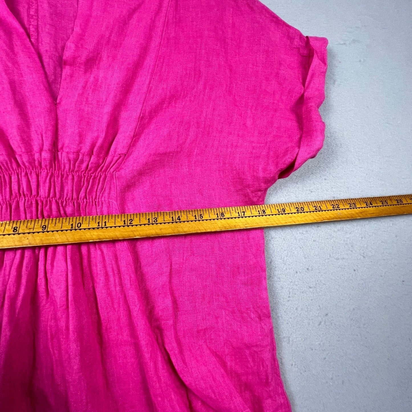 Meo Meli 100% Linen Tunic Dress Womens OS Pink V-Neck Smocked Pockets Italy Boho