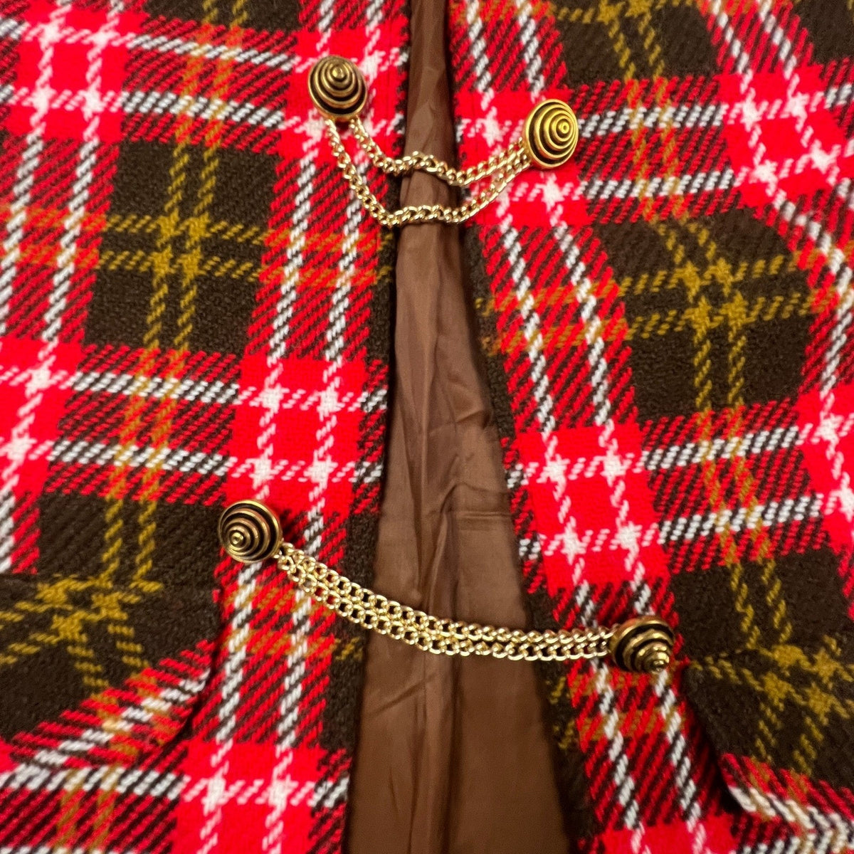 Vintage Plaid Skirt Set Womens Medium Red Brown Vest Mini Skirt Mod Academic