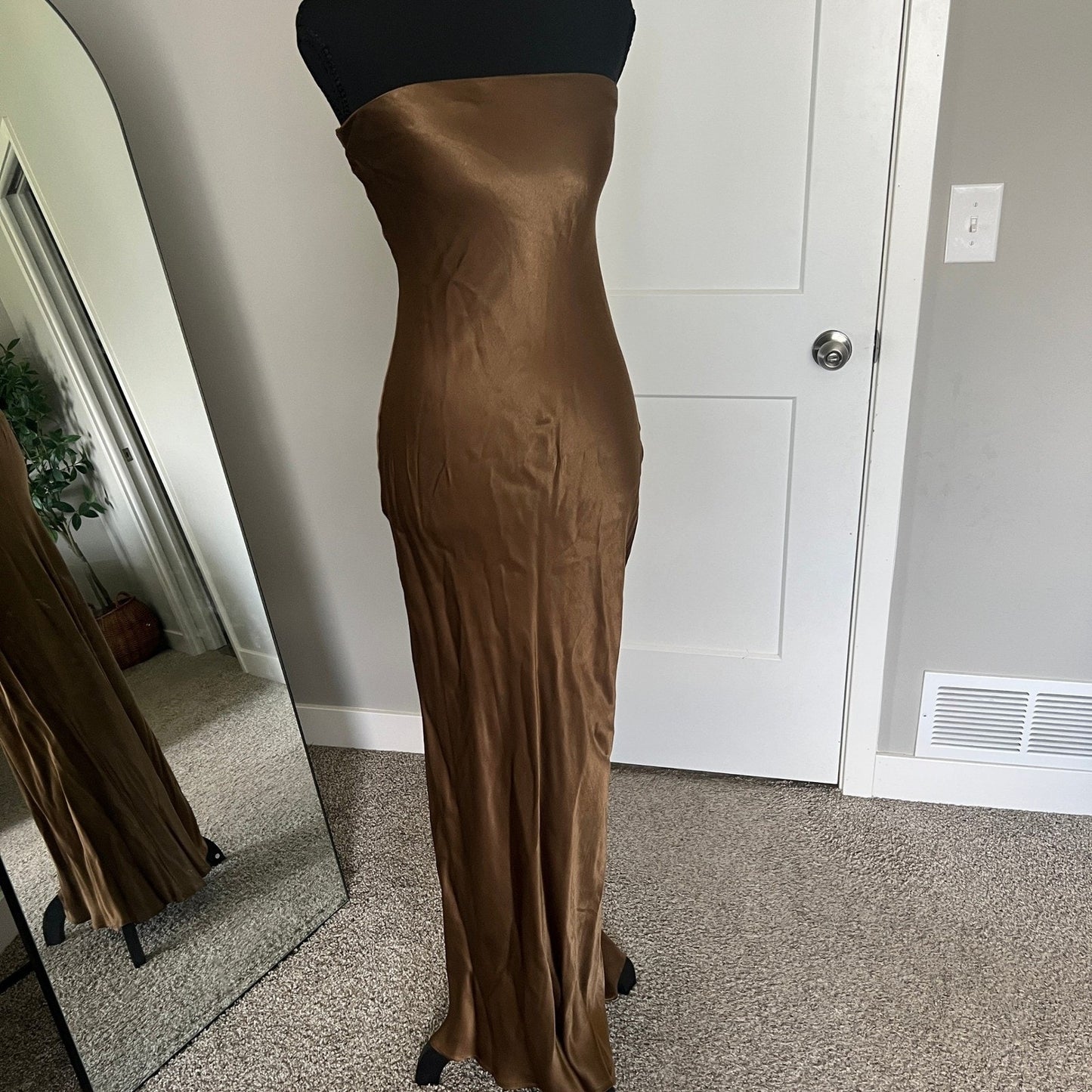 Strapless Maxi Dress S Bronze Brown Satin Formal Gown Minimalist Bridal Party