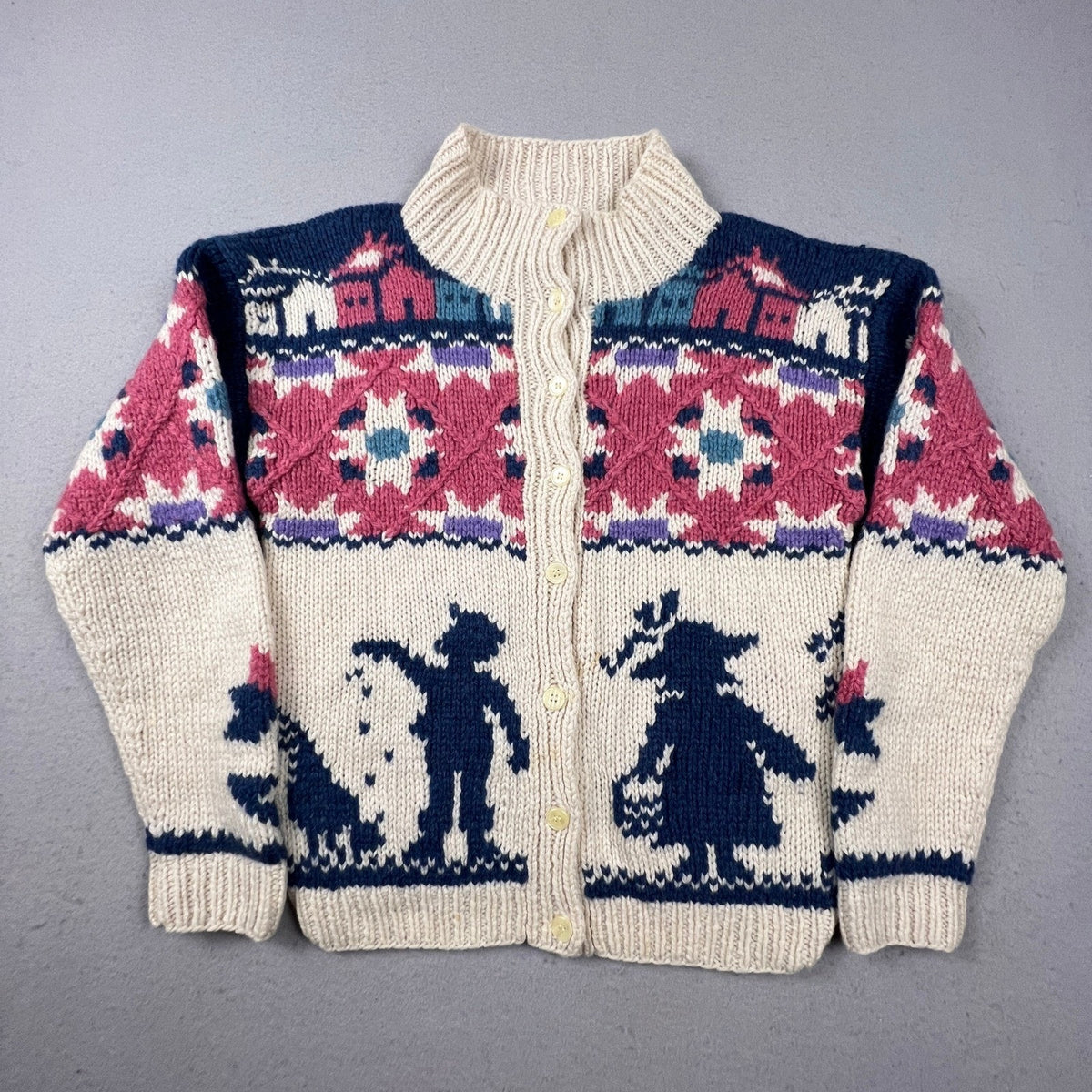 Woolrich Cardigan Sweater Womens M Cream Wool Folk Art Intarsia Vintage 90s Knit