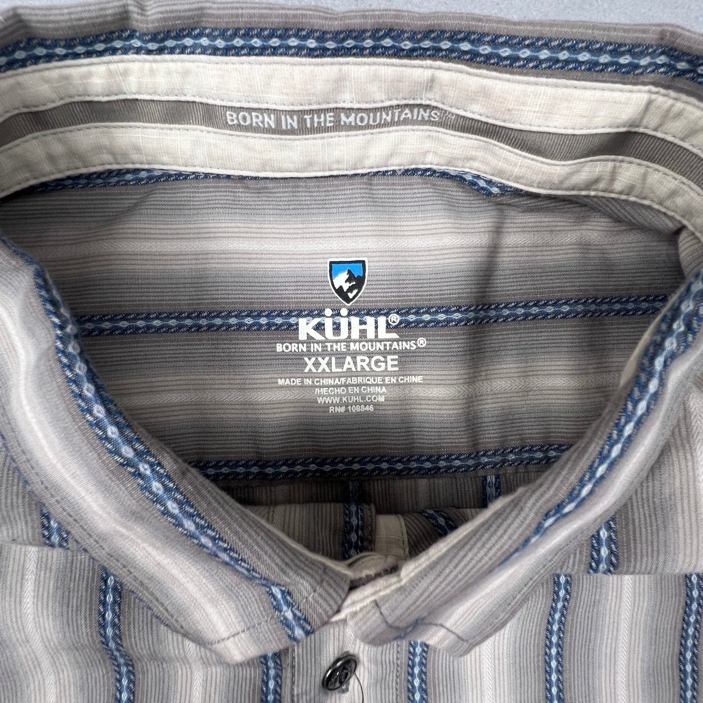 KUHL Button Down Shirt Mens XXL Grey Blue Striped Short Sleeve Outdoor Hiking