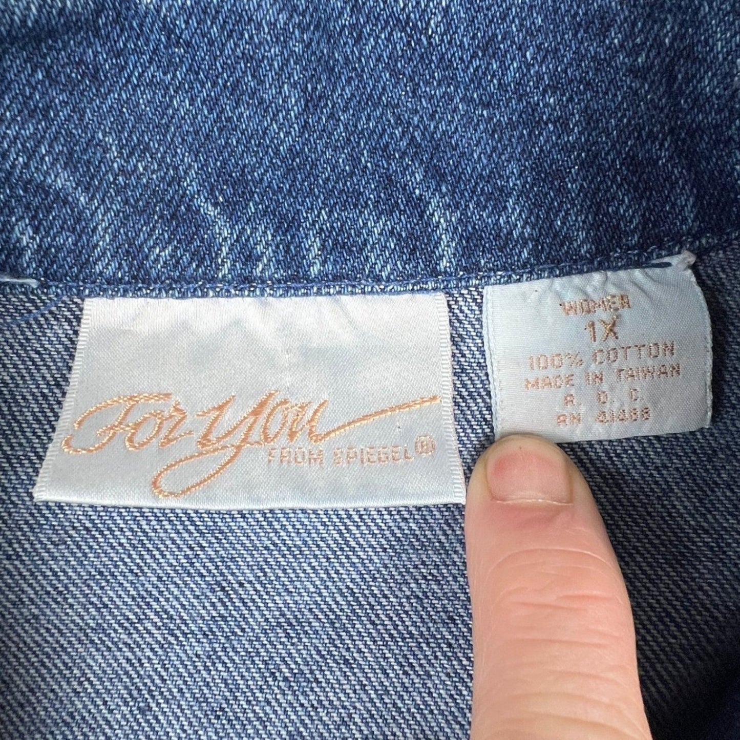 Spiegel For You Denim Blazer Women 1X Crest Patch Preppy VTG Jacket Academia