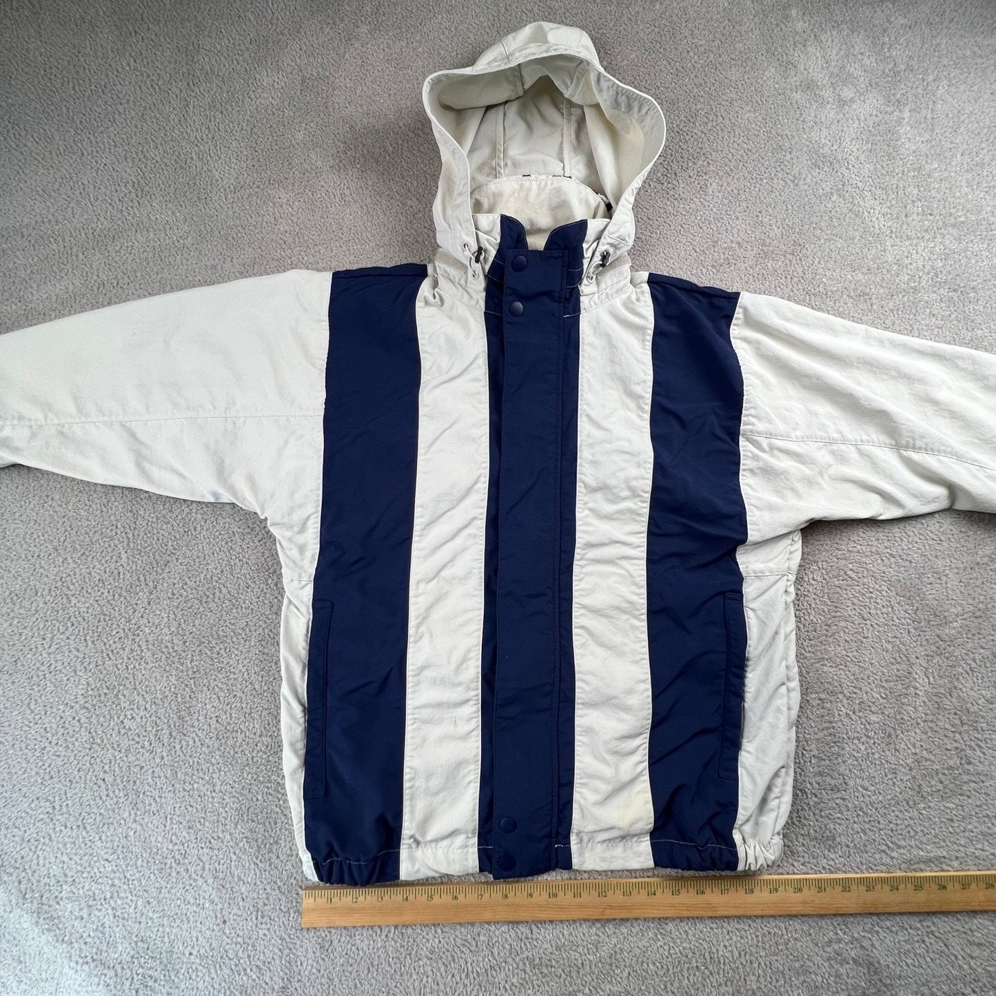 Adidas Windbreaker Jacket Mens Medium Cream Navy Blue Colorblock Trefoil Sporty