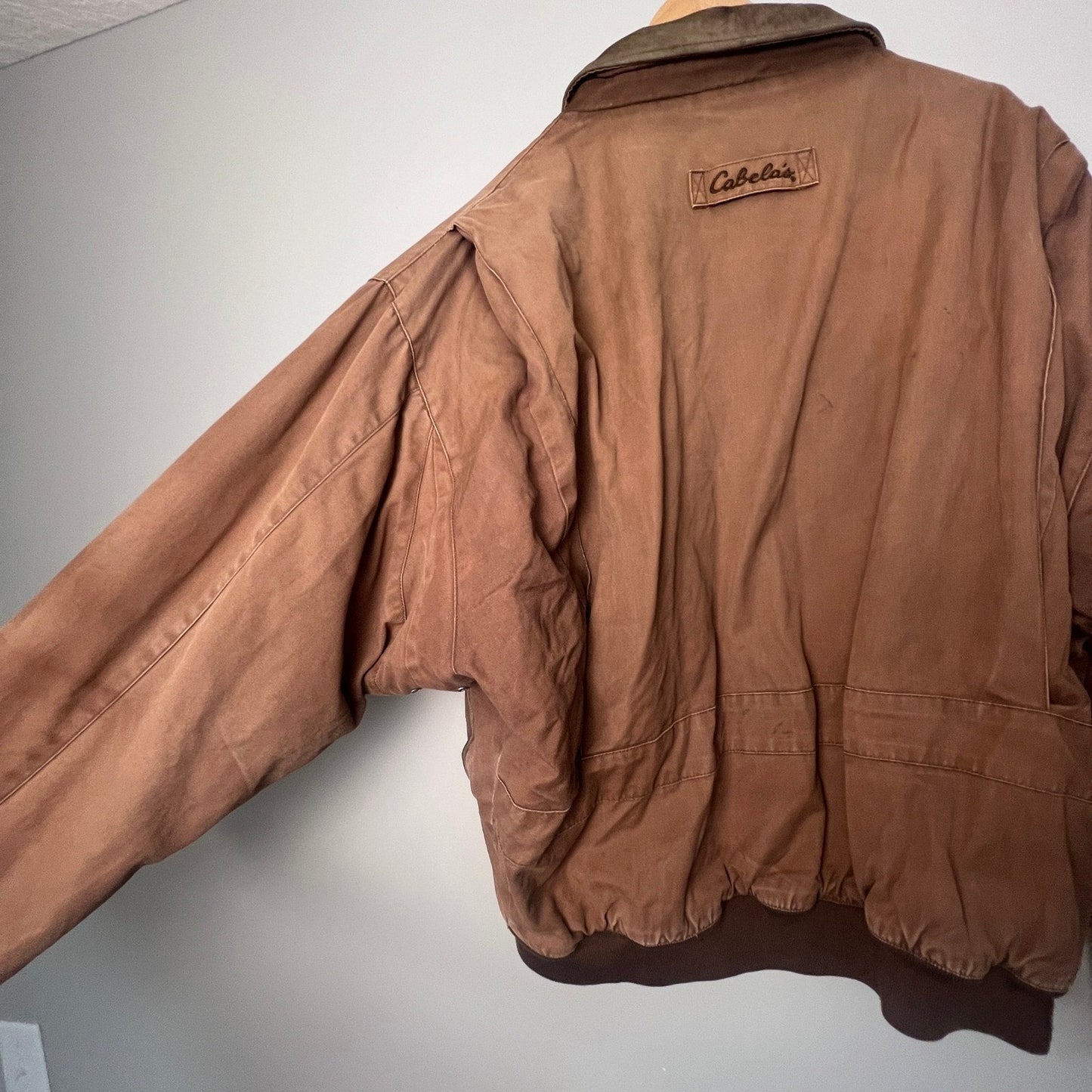 VTG Cabelas Canvas Jacket Mens XL Brown Leather Collar Workwear Outdoor Coat Job