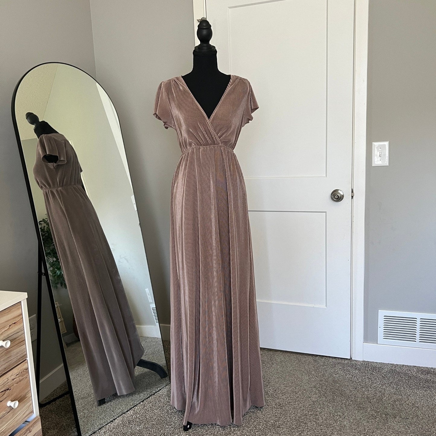 Baltic Born Maxi Dress Women S Taupe Pleated Wrap V-Neck Formal Gown Bridal